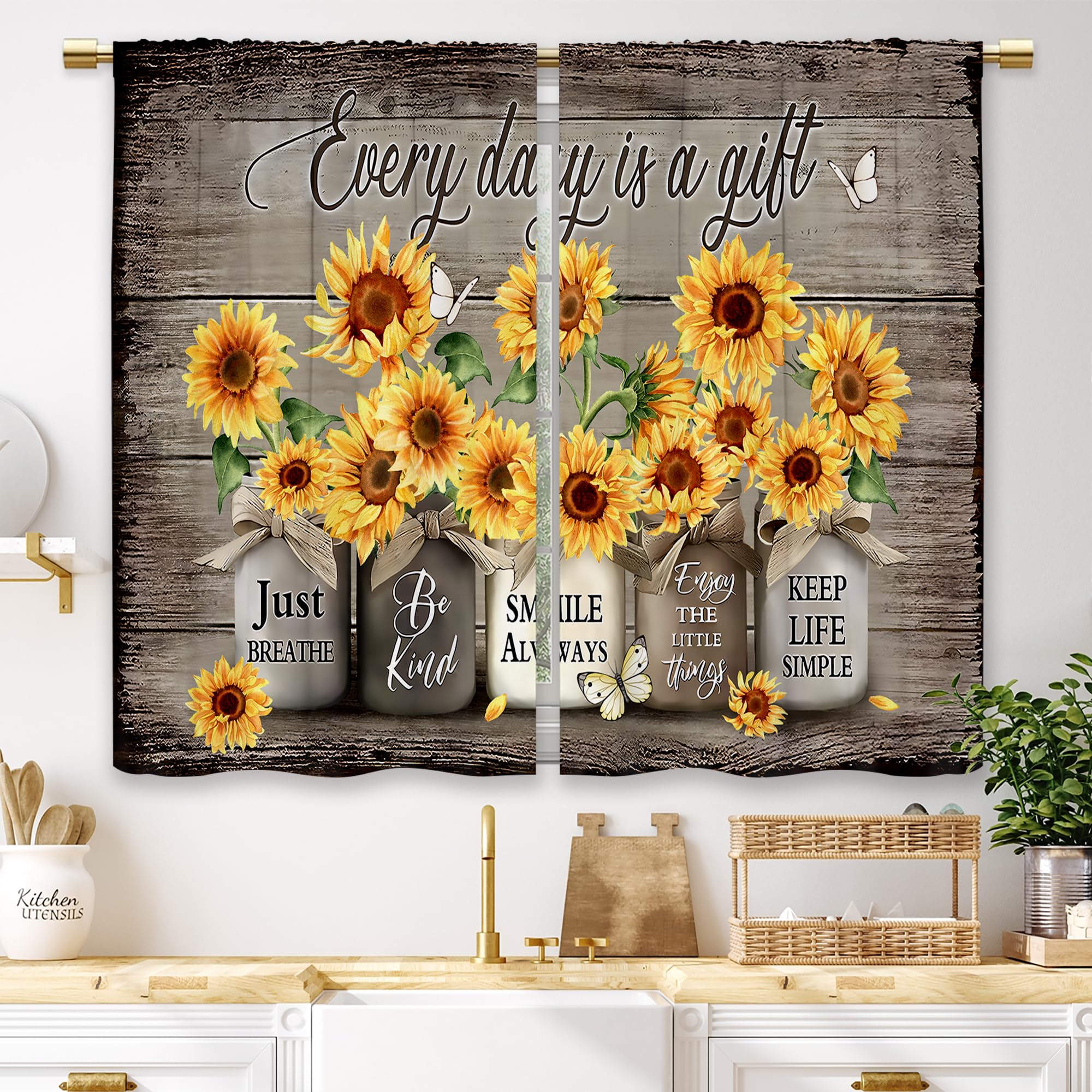 Laifzere Vintage Sunflower Floral Kitchen Curtains Rustic Flower Inspirational Small Short Cafe Window Curtains Wooden Country Bathroom Living Room Bedroom Drapes Treatment 2 Panels (27.5x39 Inch)