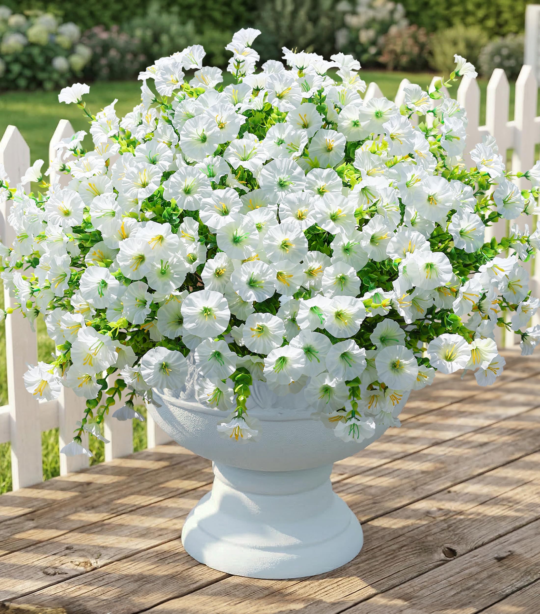 Artificial Flowers Fake Plants for Outdoors Decoration, 12 Bundles White Silk Morning Glory with Eucalyptus Realistic UV Resistant Faux Flowers for