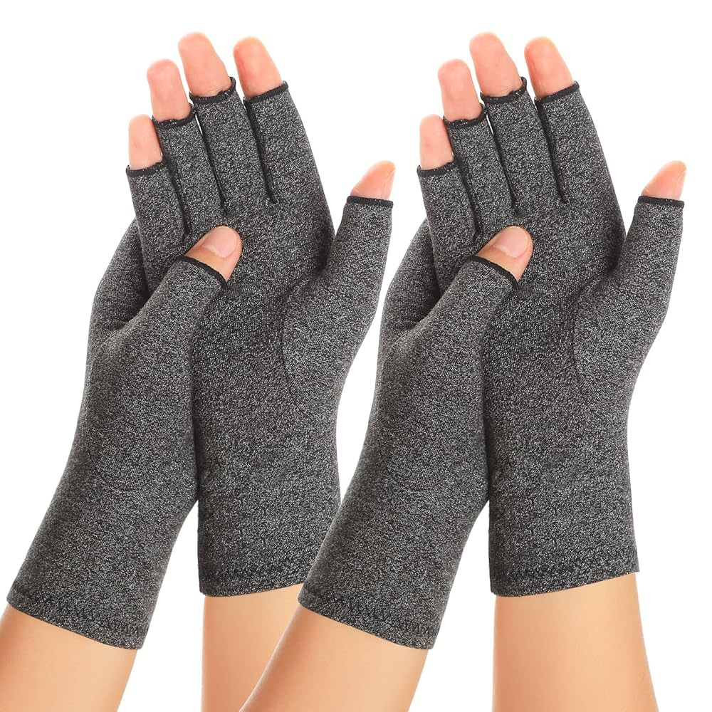 Zexhoor 2 Pairs Arthritis Compression Gloves for Women Men, Carpal Tunnel Pain Relief, Fingerless for Typing Both Hands