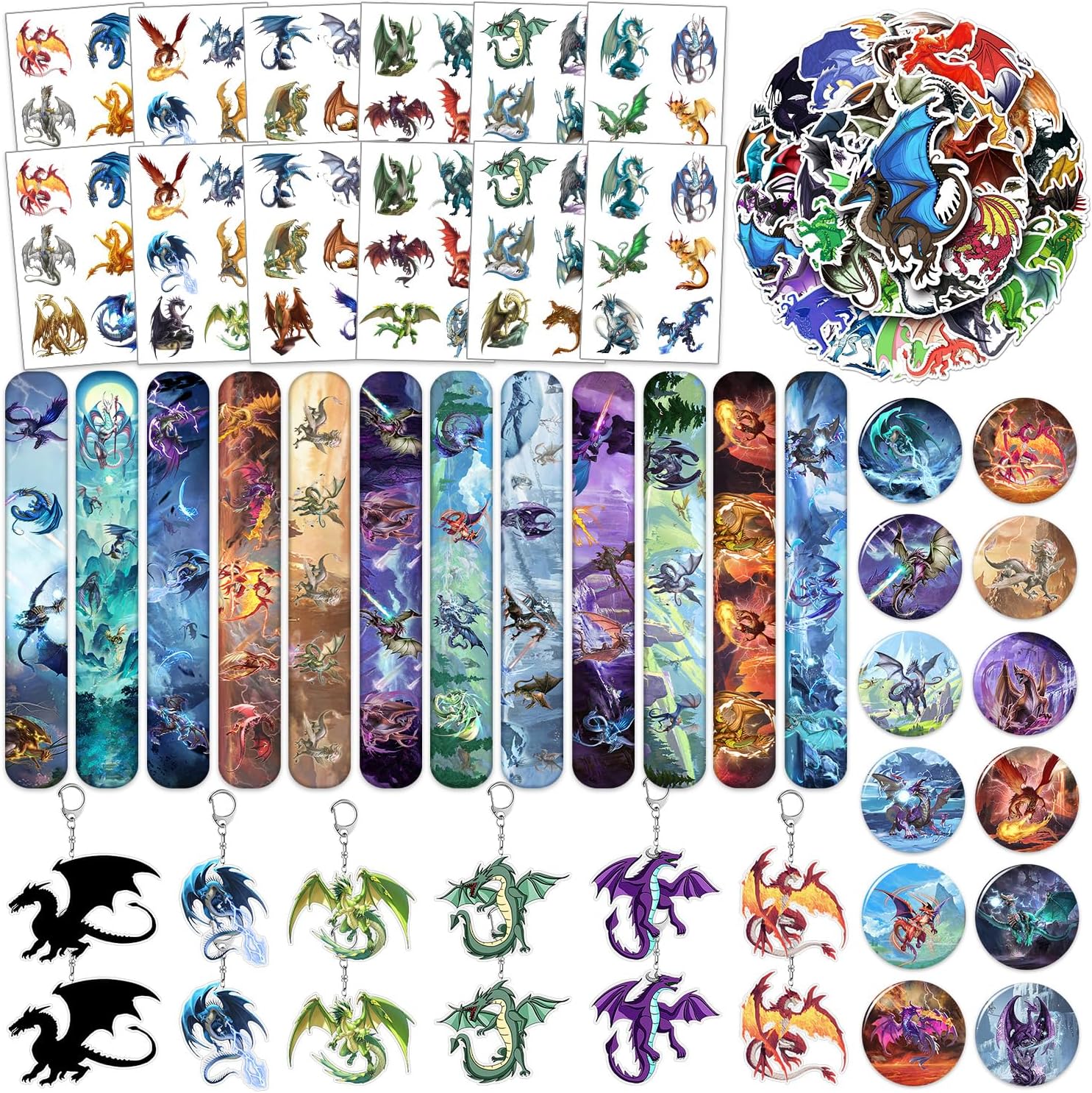 98PCS Dragon Birthday Party Favors Dragon Party Supplies Decorations Dragon Themed Slap Bracelets Stickers Dragon Button Pins Acrylic Dragon Key Ring Temporary Tattoos