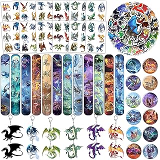 YYMYMGJ 98PCS Dragon Birthday Party Favors Dragon Party Supplies Decorations Dragon Themed Slap Bracelets Stickers Dragon Button Pins Acrylic Dragon Key Ring Temporary Tattoos