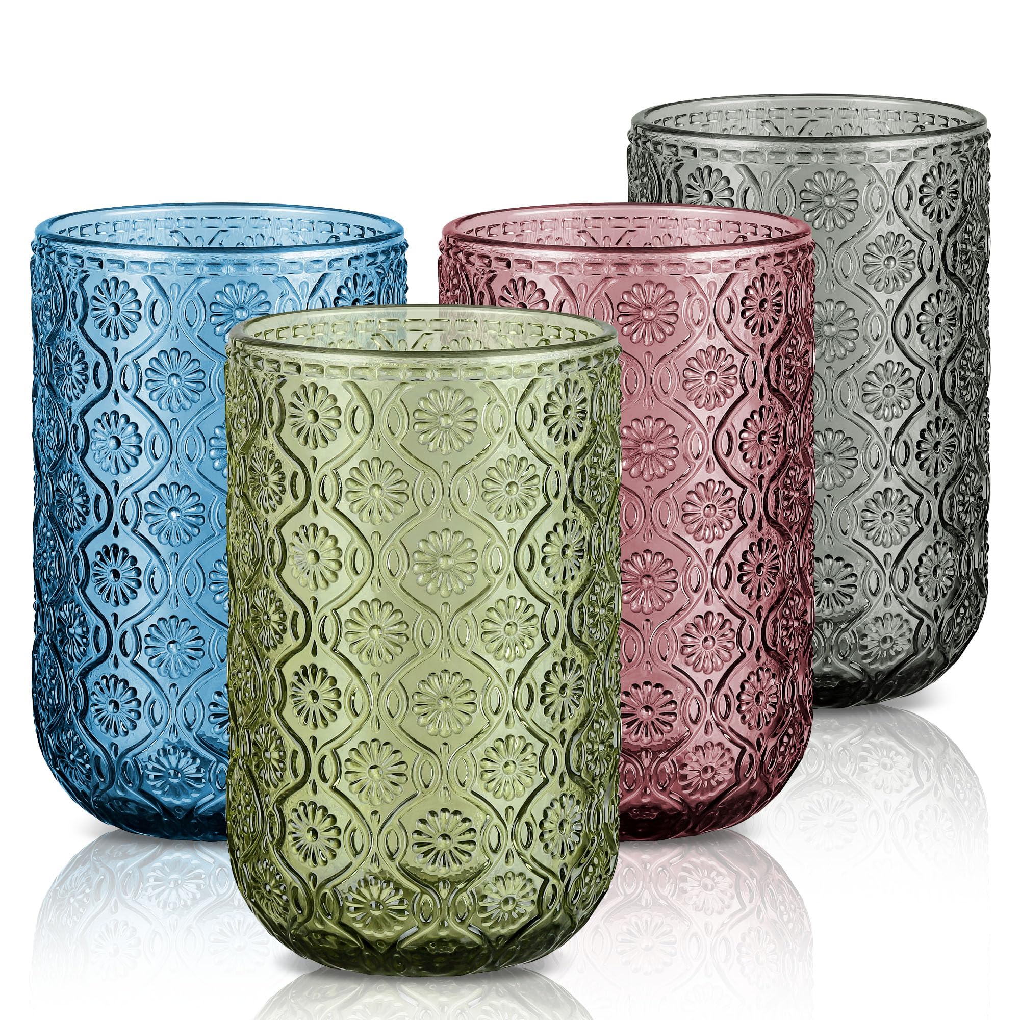 Joeyan Vintage Drinking Glasses Embossed Floral Highball Glass Water Tumbler 14 oz Colored Beverages Juice Cocktail Beer Wine