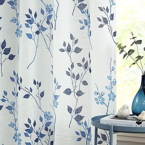 Miniatura 4 de Beauoop 2 paneles de cortinas semitraslúcidas de lino floral de 84 pulgadas de largo, para sala de estar, dormitorio, azul marino y azul marino,