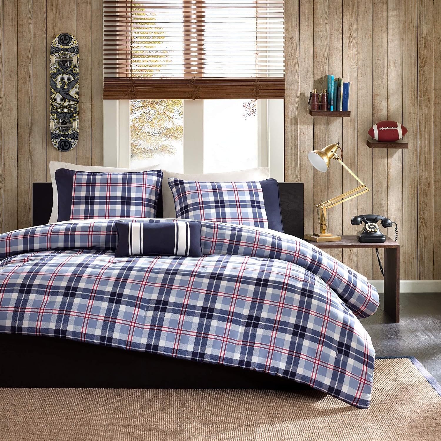 MI ZONE Cozy Comforter Set Cabin Lifestyle Plaid Design All Season Bedding Matching Shams, Decorative Pillow, Twin/Twin XL, Elliot Blue 3 Piece