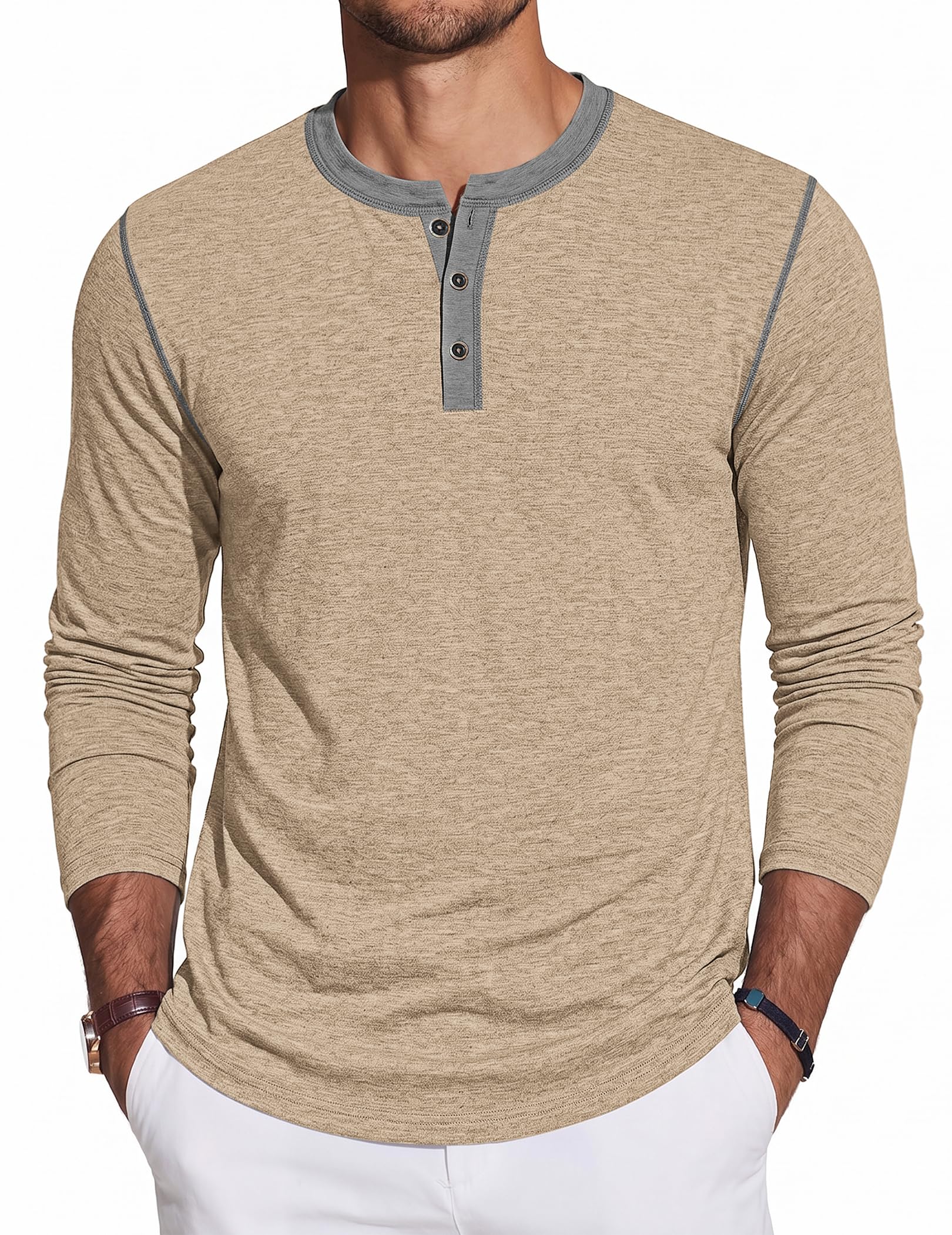 TARAINYA Henley Langarmshirt Herren Baumwolle Longslevee M-4XL | 95% Baumwolle 5% Elasthan, Mittlerer Stretch, Henley 3-Knopfleiste, Kontrastbesatz, Regular-Fit, Ganzjährig