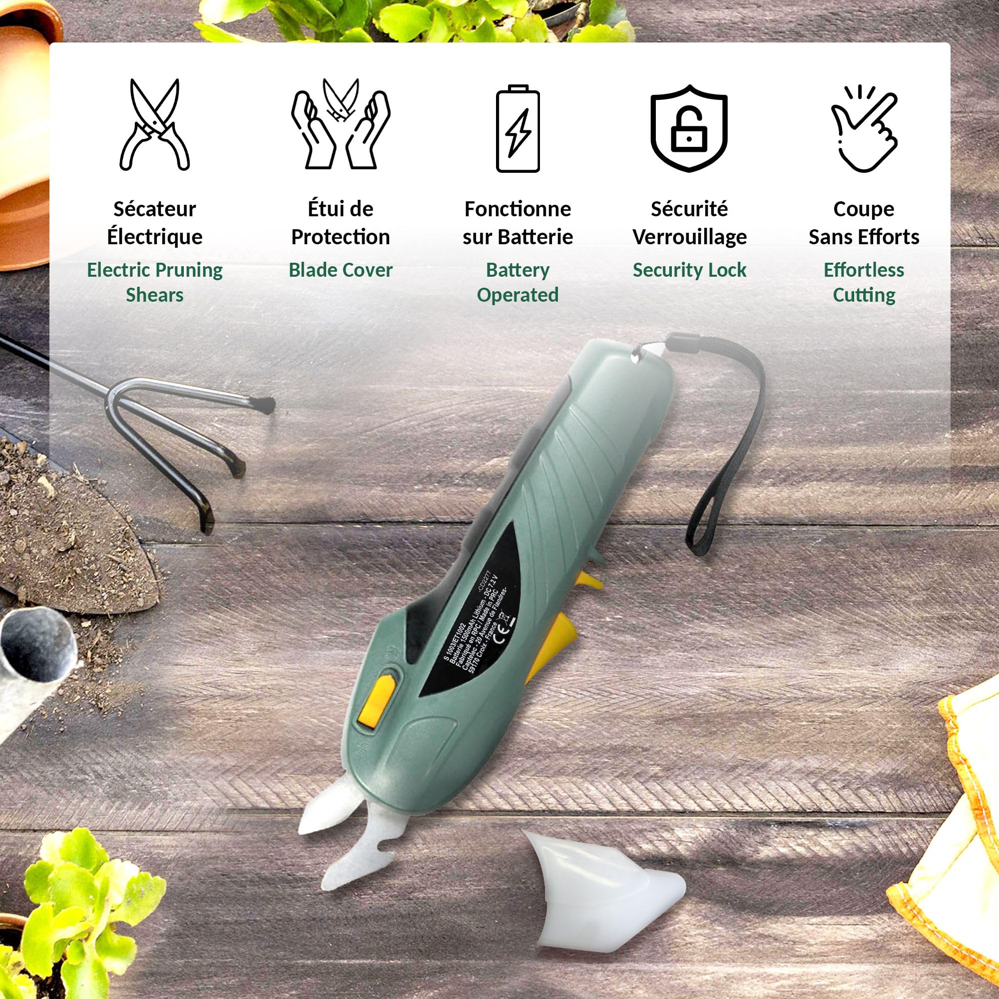 Tijeras de podar inalámbricas eléctricas con batería de litio recargable de 7,2 V - Cortarramas eléctrico - Podadora de jardín eléctrica - Cizalla de jardín - Cuchillas de acero