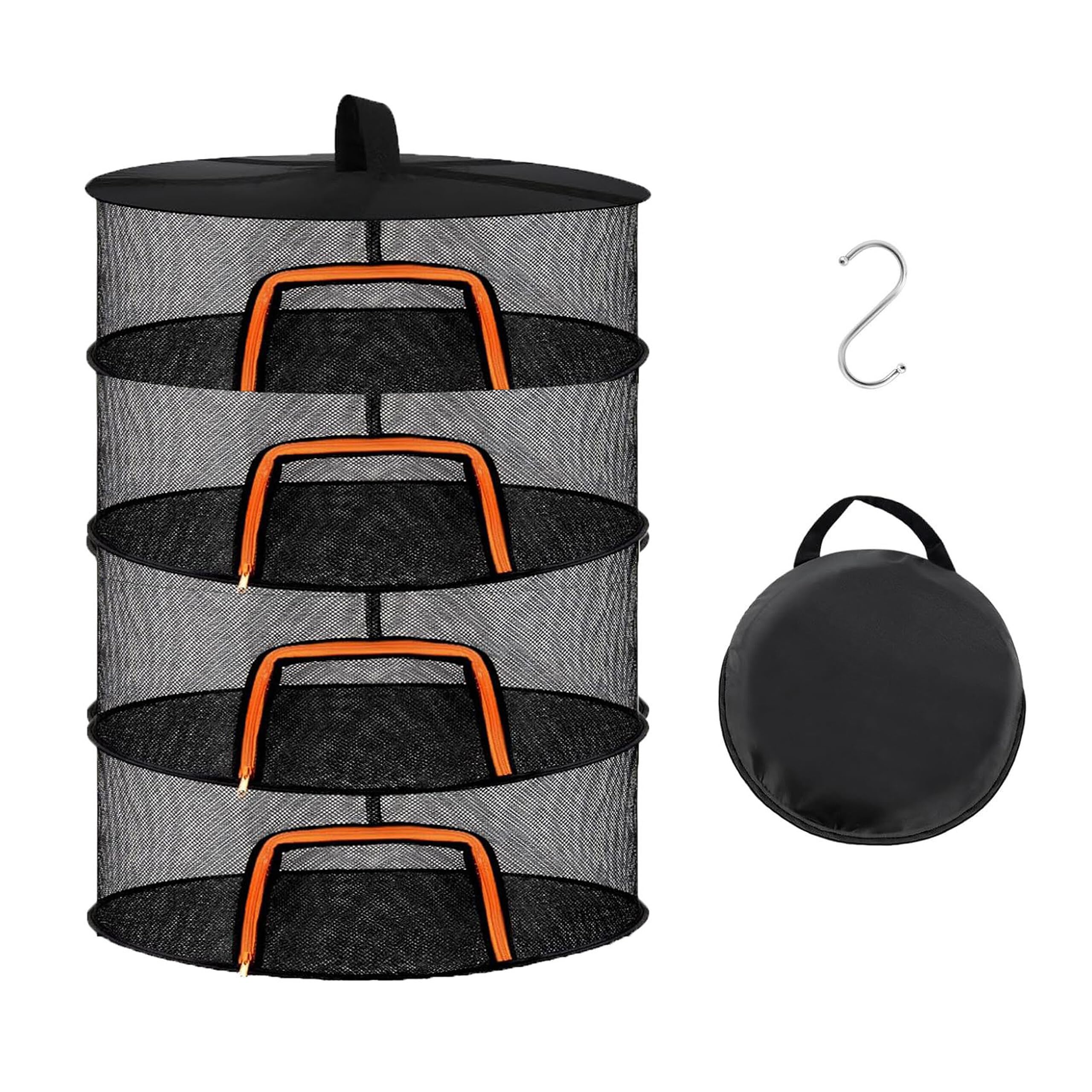 Relaxdays Foldable 4-Tier Drying Net for Herbs, Fruit, Vegetables & Fish, Hanging, 80x60x60 cm, Orange/Black