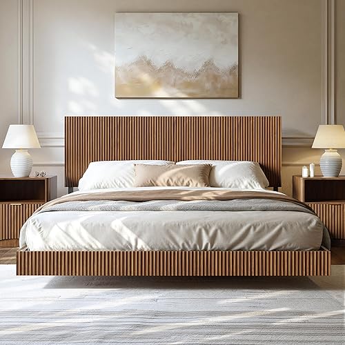 Evermagin Walnut King Floating Bed Frame with Headboard, Mid Century Modern Fluted Platform Bed with LED Lights, Heavy Duty Floating Bedframe with Charging Station, No Box Spring Needed