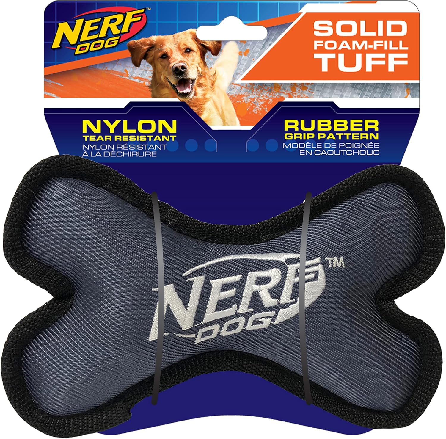 Nerf Dog Nylon Plush Bone Dog Toy, Lightweight, Durable and Water Resistant, 7.5 Inches, for Medium/Large Breeds, Single Unit, Green/Gray