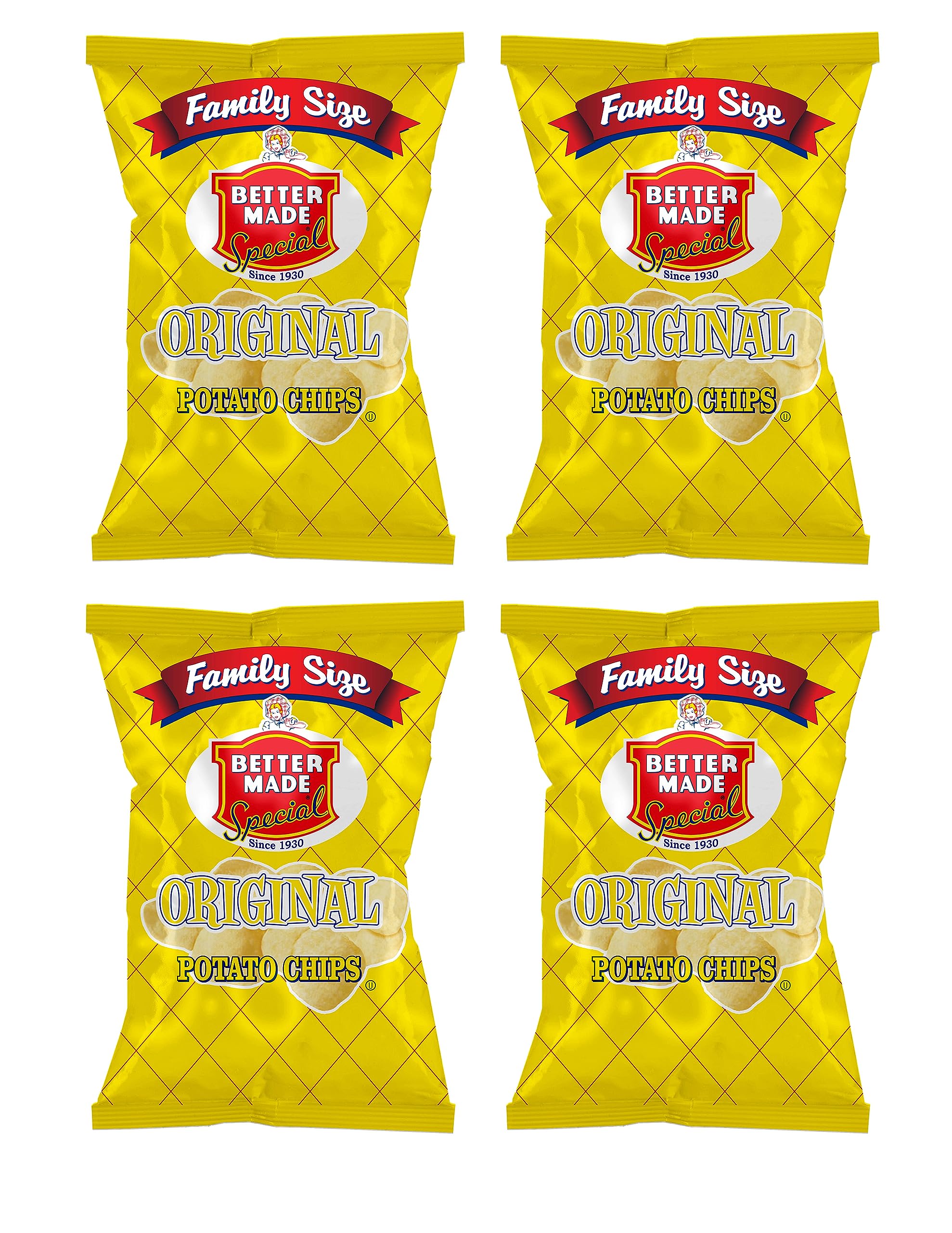 Better Made Special Potato Chips Four Pack (4) x Family Size Bags 8.5-9oz (Pack of 4) (ORIGINAL) - Crispy, Crunchy, Salty Snacks Made From Fresh
