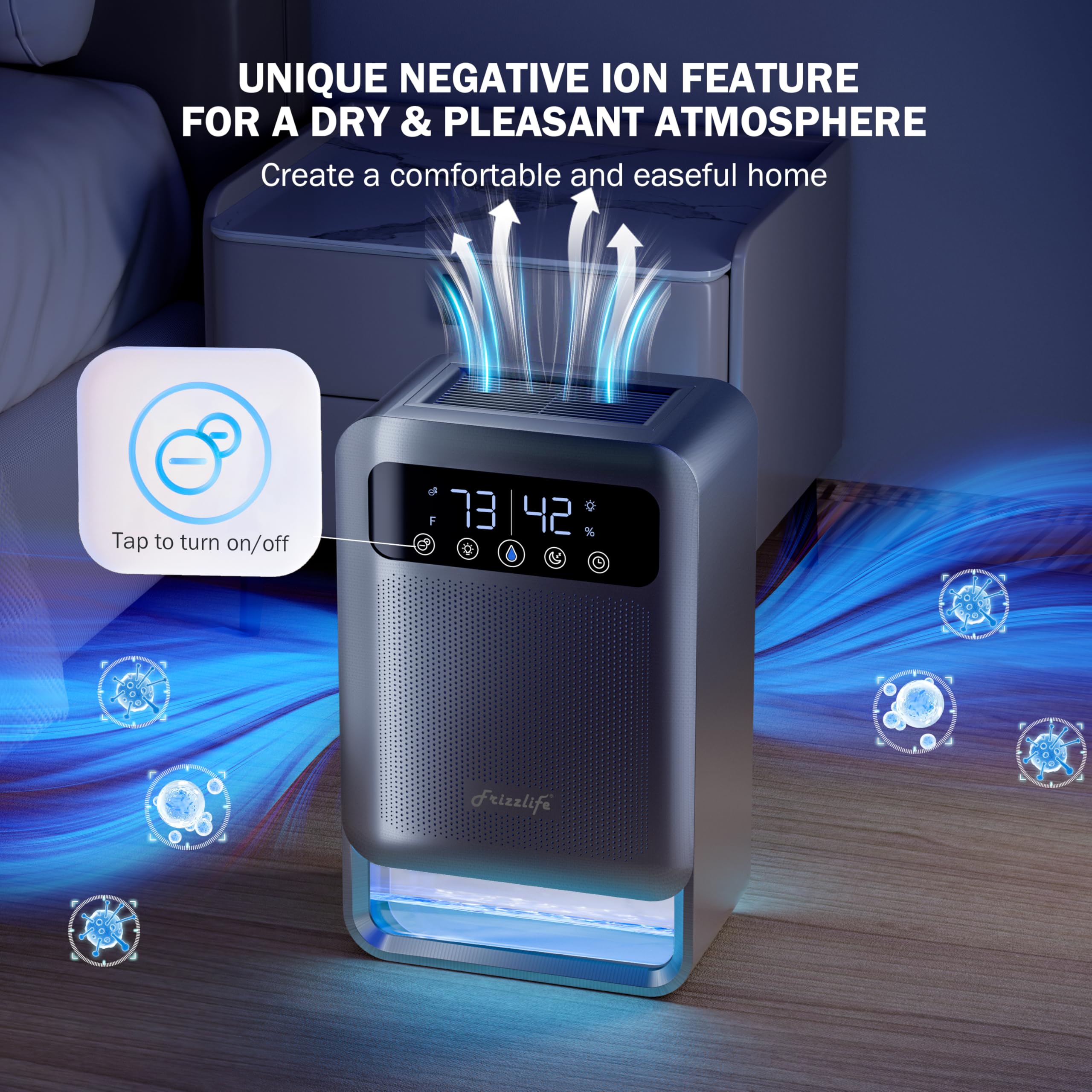 Frizzlife Air Dehumidifier, 135oz Water Tank W/Purifying Function, Quiet Small Dehumidifiers With Sleep Mode For Home, Bedroom, Bathroom, Basement W/Auto Shut Off, 7 Colors LED Light, Gray