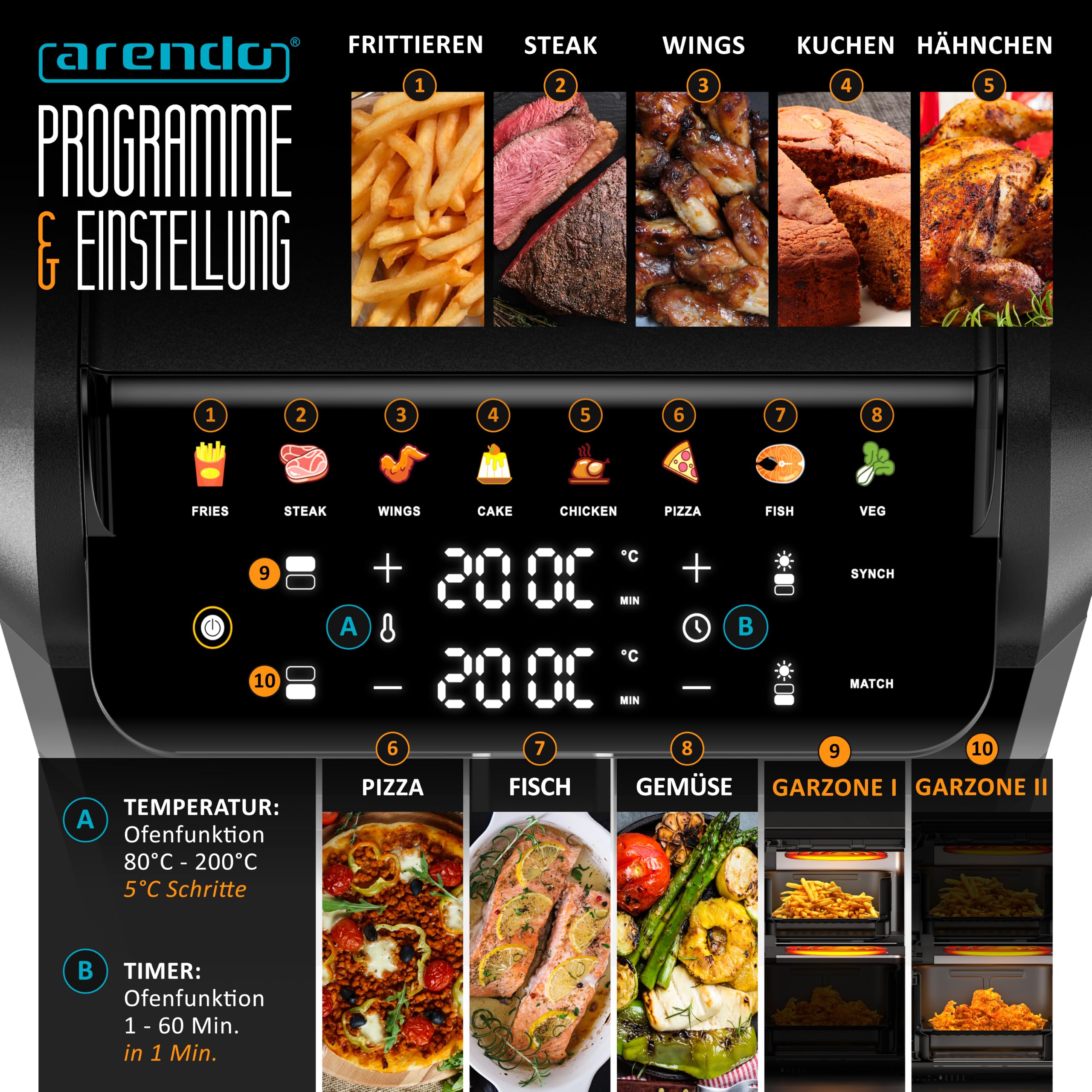 Arendo – Heißluftfritteuse XXL Dual Zone - 2 Kammern – Airfryer Doppelstock – mit Fenster – 2700 W – 10 Liter – bis 200°C – LED-Display – Sync- und Match-Funktion – Sichtfensterbeleuchtung