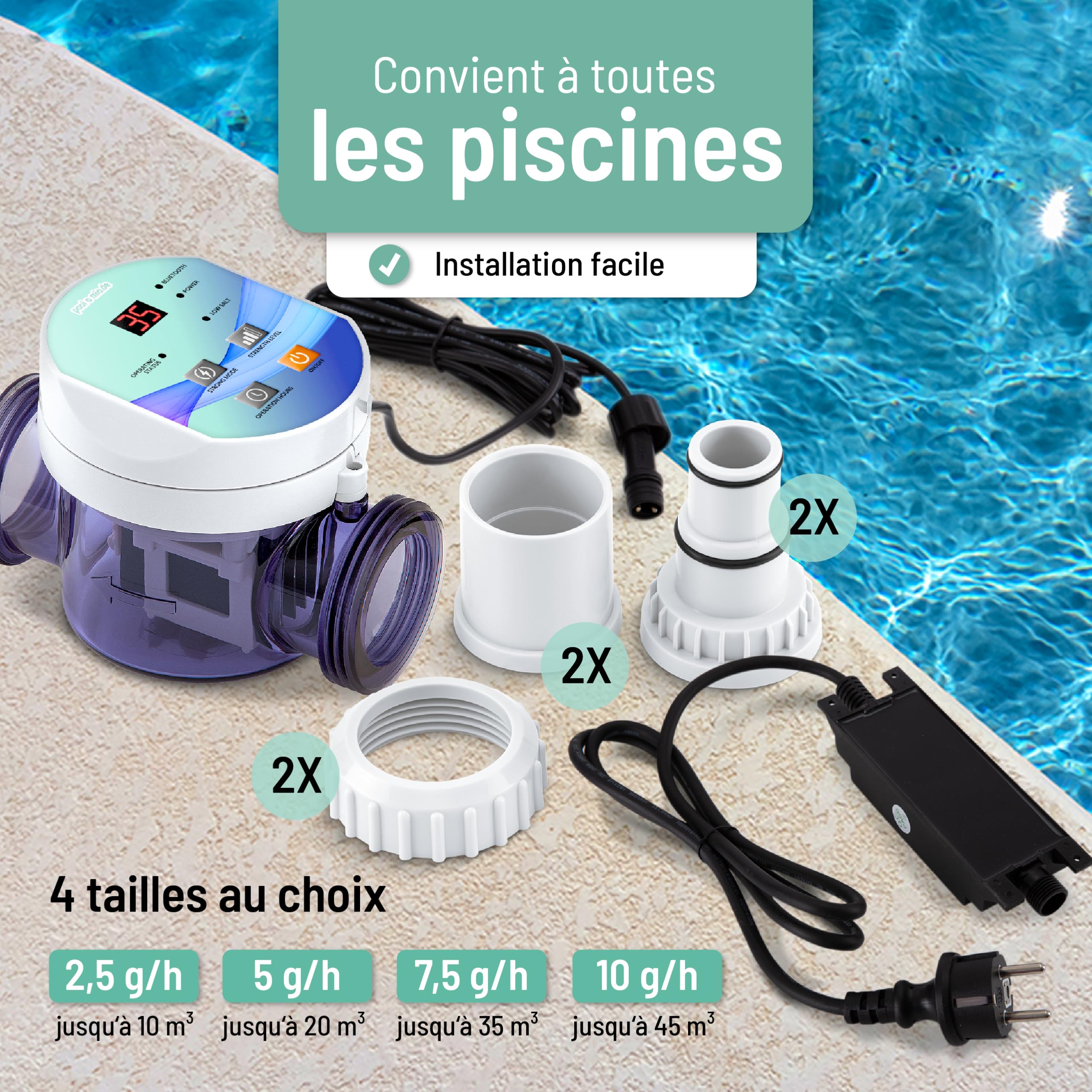 poolomio® Chlorinateur pour piscines jusqu'à 10 m³ avec commande intelligente par application | Électrolyseur au sel 2,5 g/h pour désinfection de piscine sans produits chimiques | Générateur de chlore