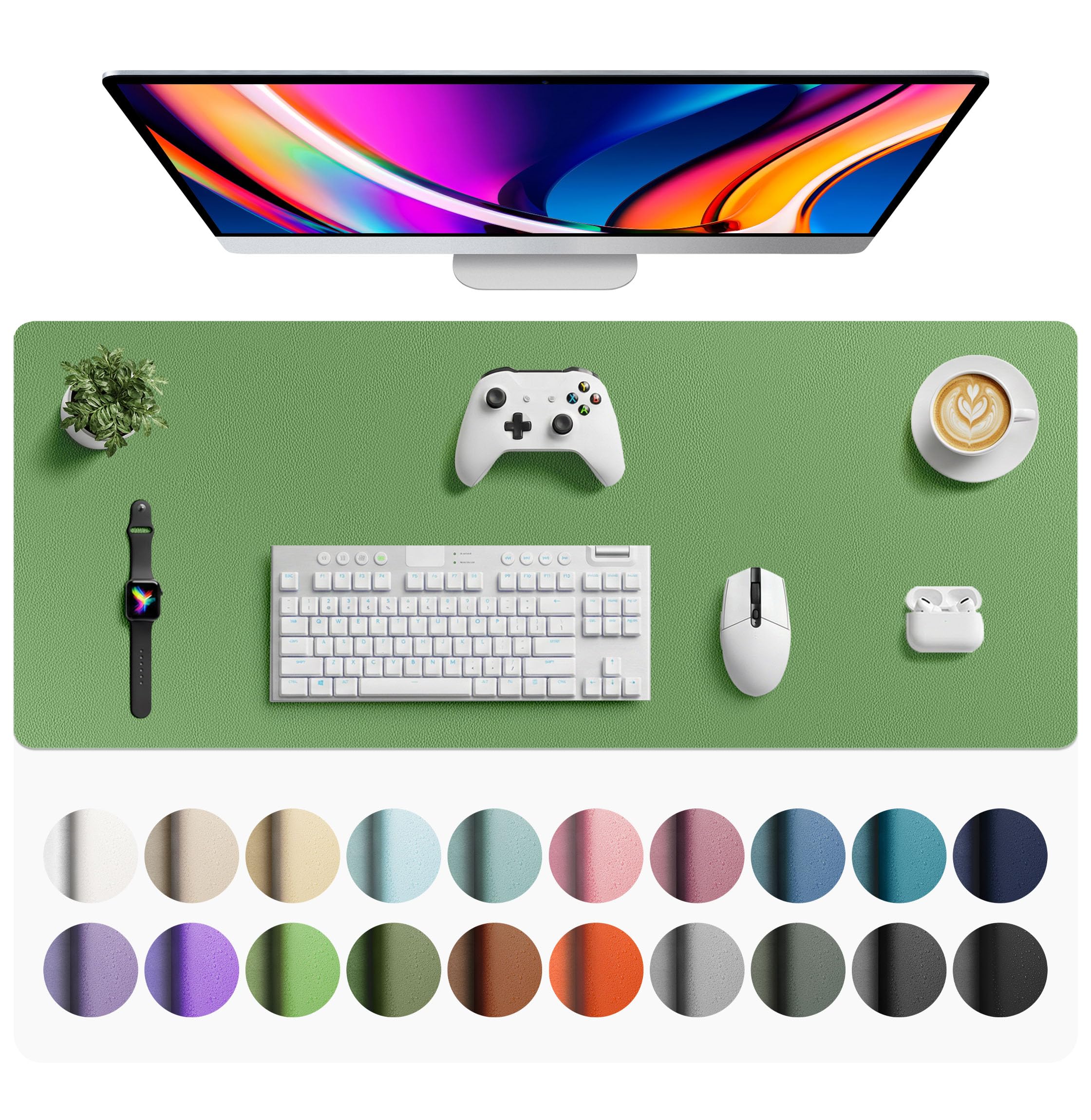 Aothia Faux Leather Desk Mat - Large Mouse Pad, Non-Slip PU Leather Blotter, Waterproof Writing Surface for Office and Home (Olive Green, 42" x 17")