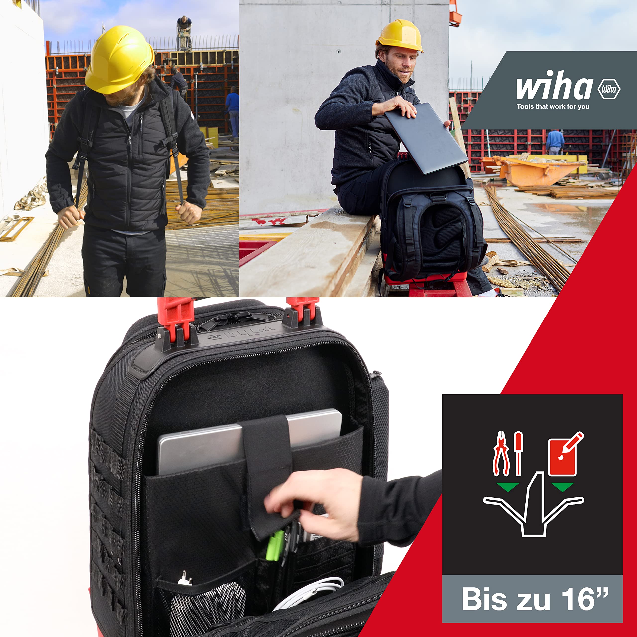 Wiha 45529 - Mochila de herramientas para mecánicos (43 piezas, con equipamiento básico, base estable, con compartimento para portátil, bolsillos para accesorios)