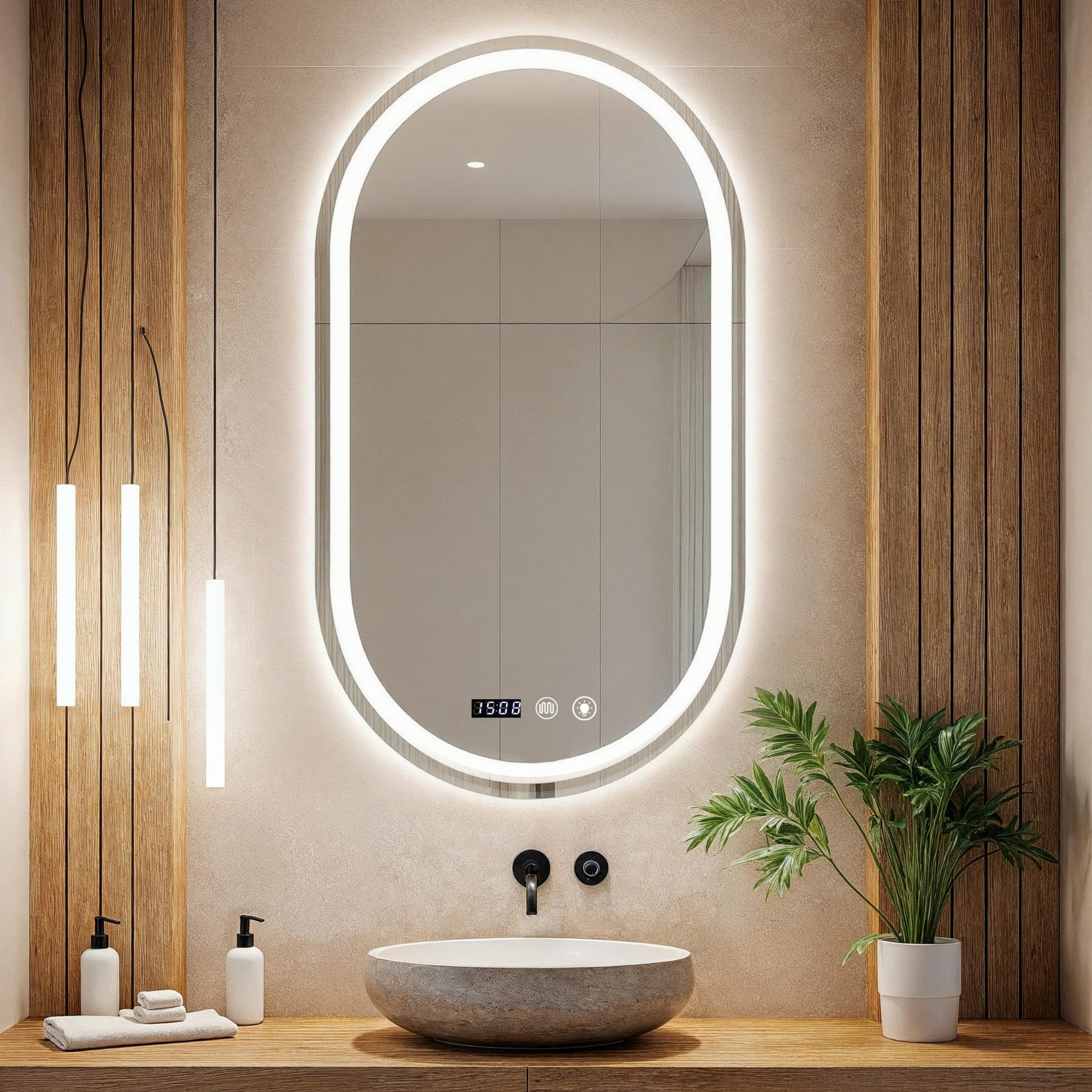 MAGIC SELECT Espejo de Baño con Luz Ovalado de Pared 50x90cm | Con Enchufe, 3 Tonos de Color, Ajuste de Brillo y Antivaho, Indicador de Hora y Temperatura, Vertical