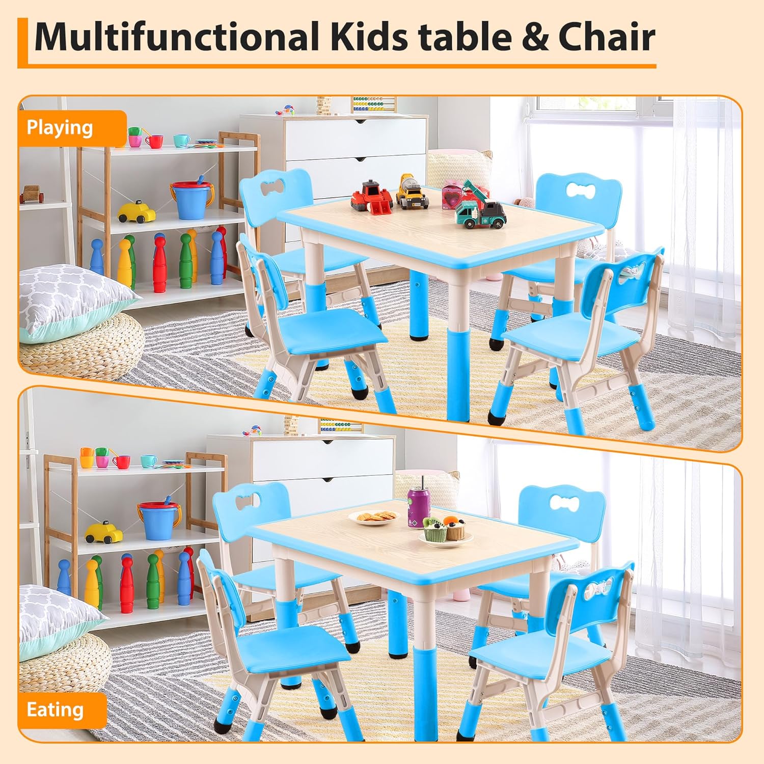 Toddler Table 4 Chair Set, Height Adjustable Kids Table Chair Set, Toddler Activity Table with Graffiti Tabletop, Plastic Play Table Craft Table for Nursery, Playroom,Ages 2-10