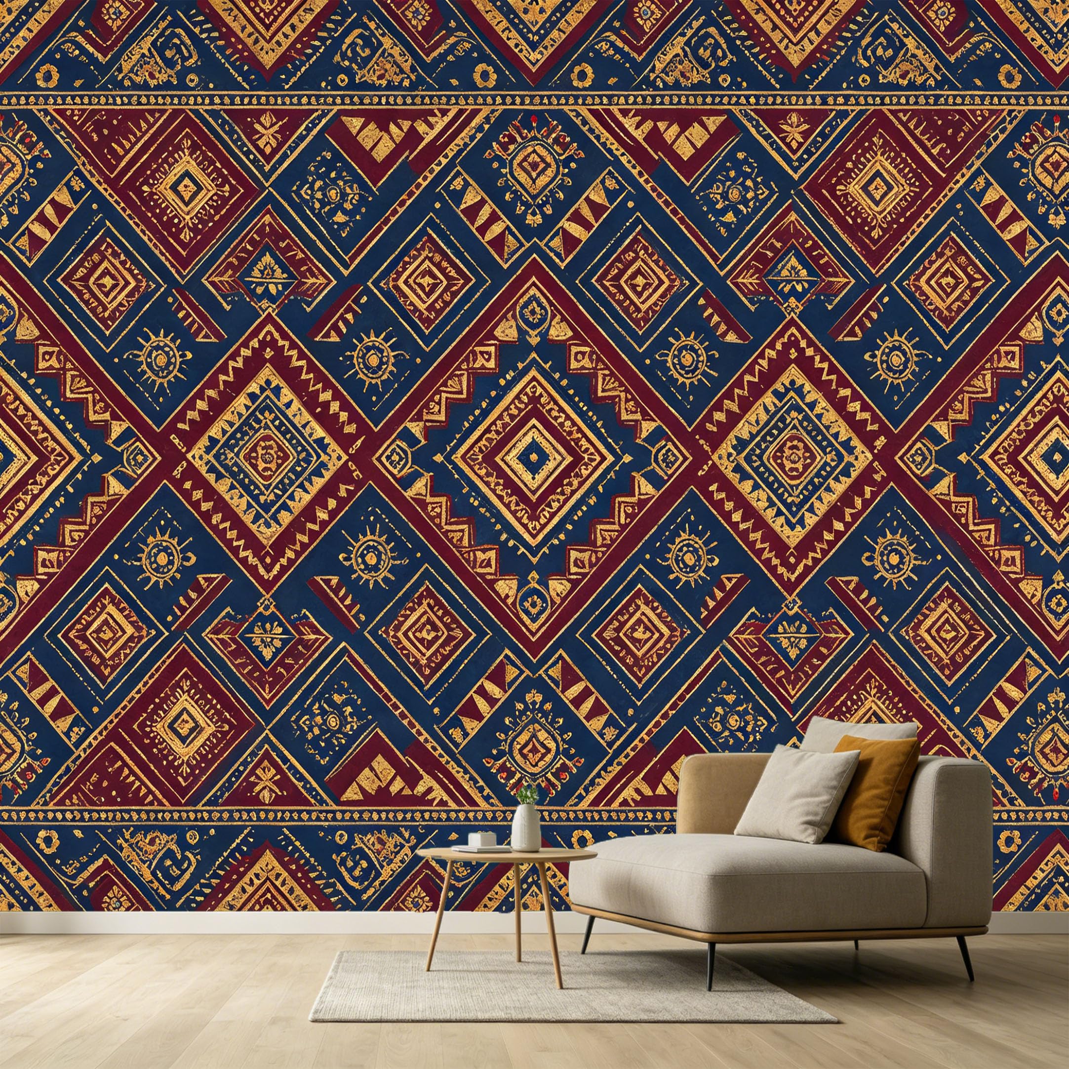 Custom Size Wall Murals Geometric Pattern Textured Gold Dark Blue American Traditional Elements SelfAdhesive Wall Fabric Removable Large Wallpaper for Photo Living Room