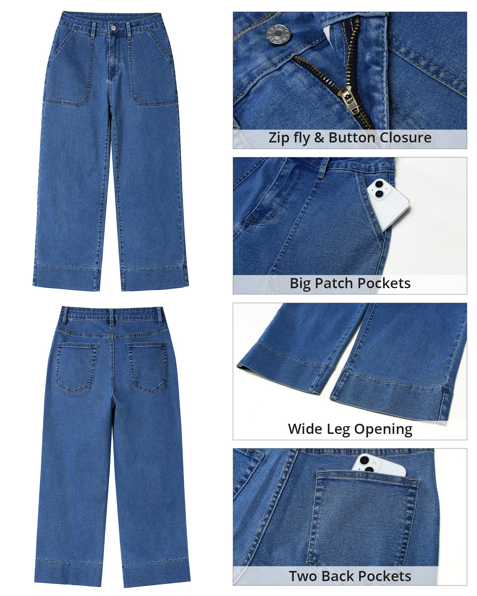 Roskiky Capri Jeans Damen hoch taillierte Jeans mit weitem Bein