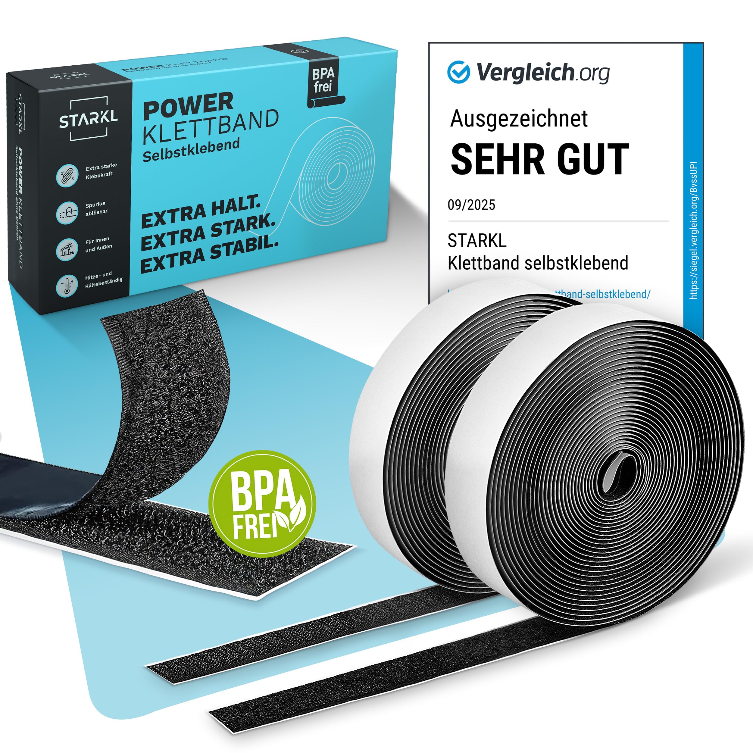 Klettband Selbstklebend Extra Stark - BPA Frei - 3m x 20mm - Klettverschluss Selbstklebend Schwarz - Klett Klebeband Extra Breit - Selbstklebendes Klettband Beidseitig - Klettbänder