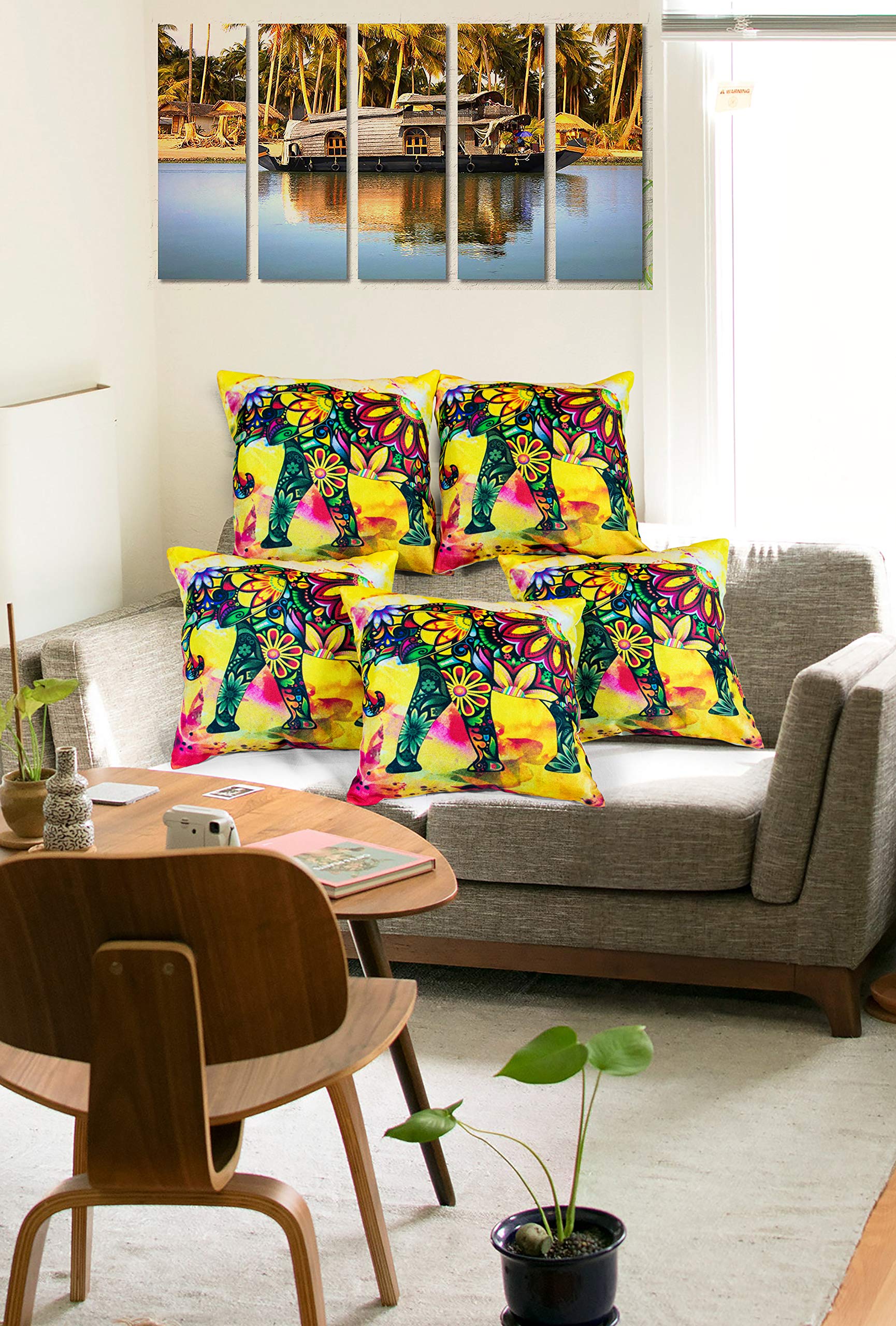 MagicBlizzElephanta 2 HD Digital Printed Jute Sofa Cushion Cover (16 X 16-inch) - Pack of 5