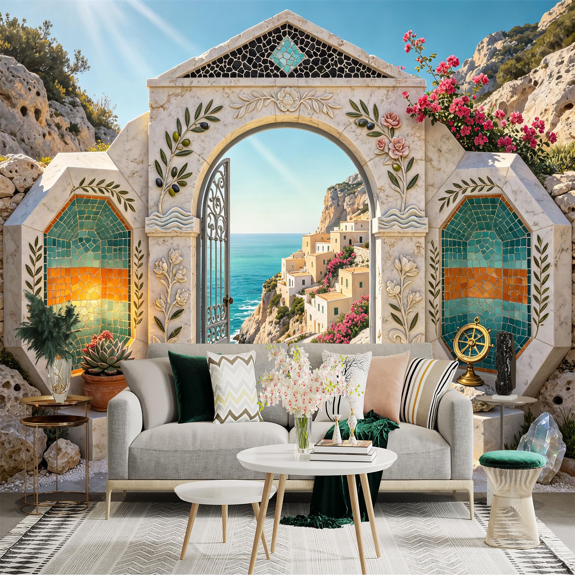 Custom Size Wall Sticker Mural， Coastal Archway with Sea View， Mediterranean Cliff Village， Floral Mosaic Gate， for wall Decoration， peelandstick wall Decals.