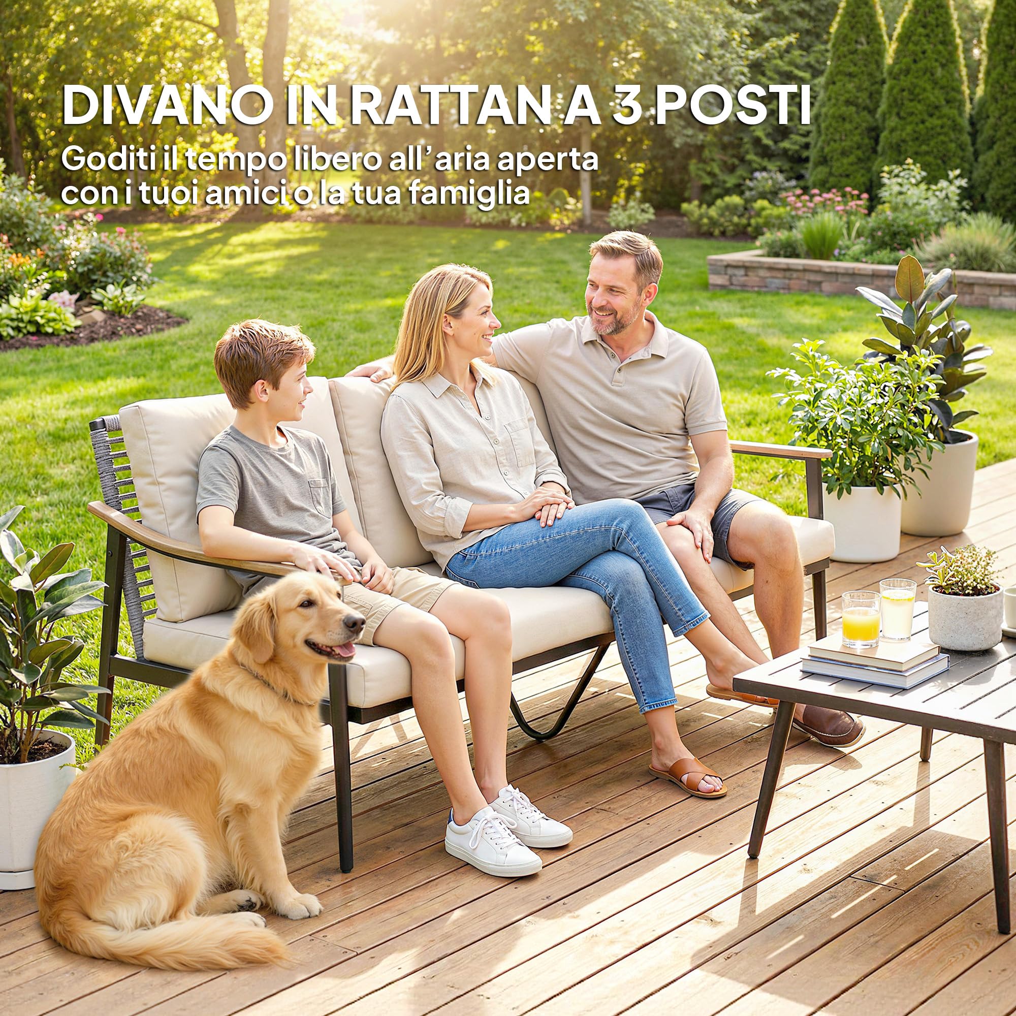 Outsunny Divanetto da Esterno a 3 Posti in Rattan PE, Divano da Esterno con Braccioli Effetto Legno, Cuscini Lavabili, Struttura in Acciaio, Divano da Giardino per Terrazzo, Patio e Balcone, Cachi