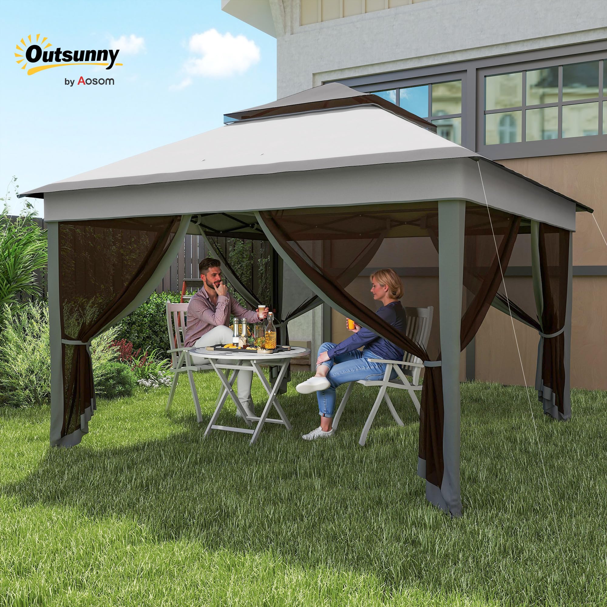 Outsunny Gazebo Pieghevole Pop Up con Zanzariere Rimovibili, Altezza Regolabile e Borsa da Trasporto, Gazebo da Esterno in Acciaio e Tessuto Oxford, UV 30+, per Giardino, Feste, Campeggio, Grigio