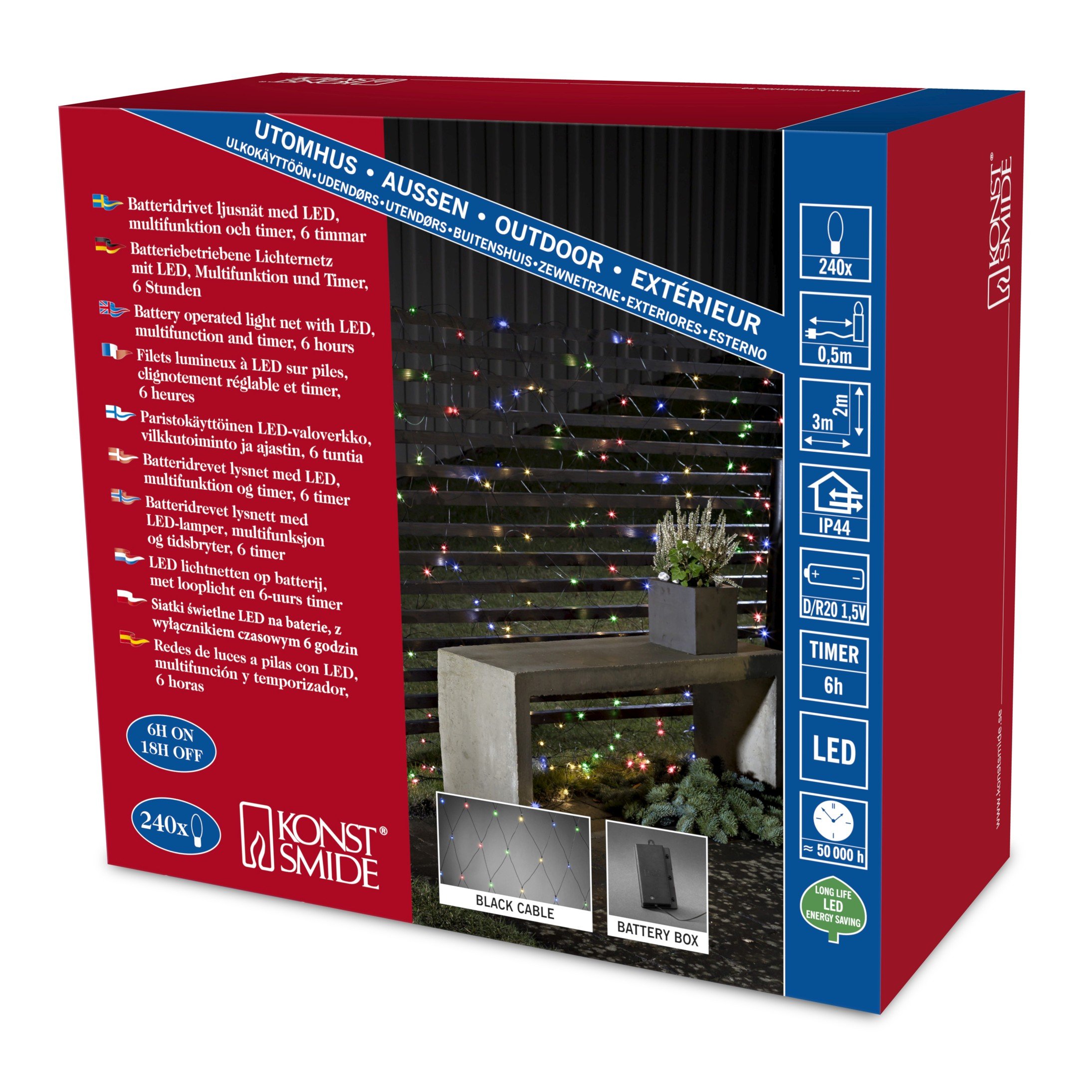 Konstsmide LED Lichternetz, mit 6h Timer und Multifunktion, 240 bunten Dioden, batteriebetrieben, Außen (IP44), schwarzes Kabel, 4 x D 1.5V (exkl.) - 3726-500