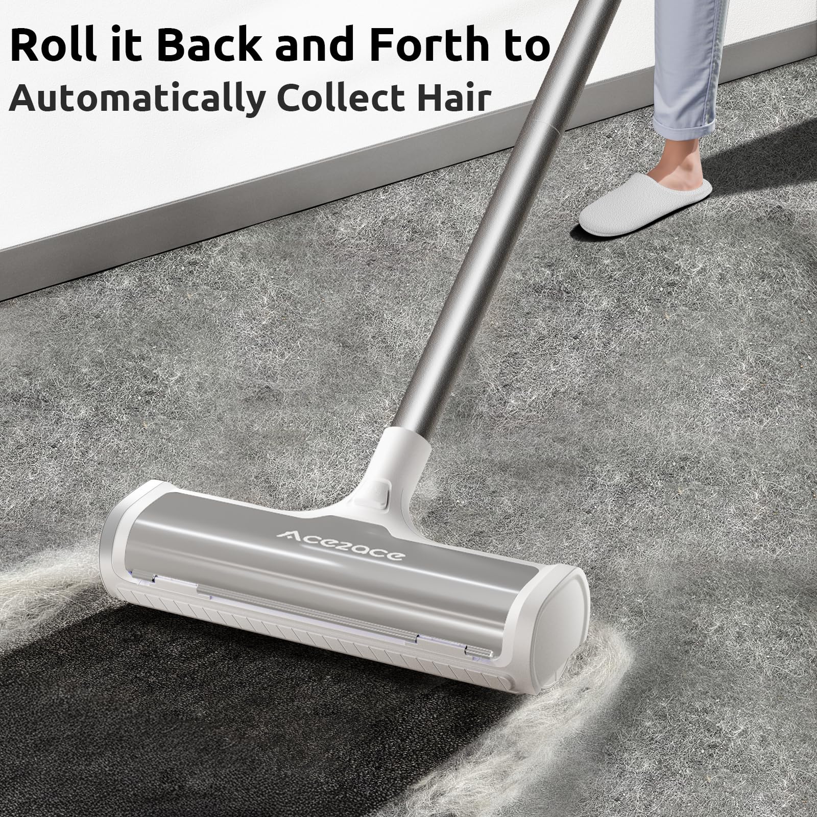 ACE2ACE Teppichrolle für Tierhaare, Teppichbürste Tierhaare, Tierhaarentferner Teppich für Hundehaare and Katzenhaare, kein Bücken, kein Knien, 1,5 m Langer Griff, Gray