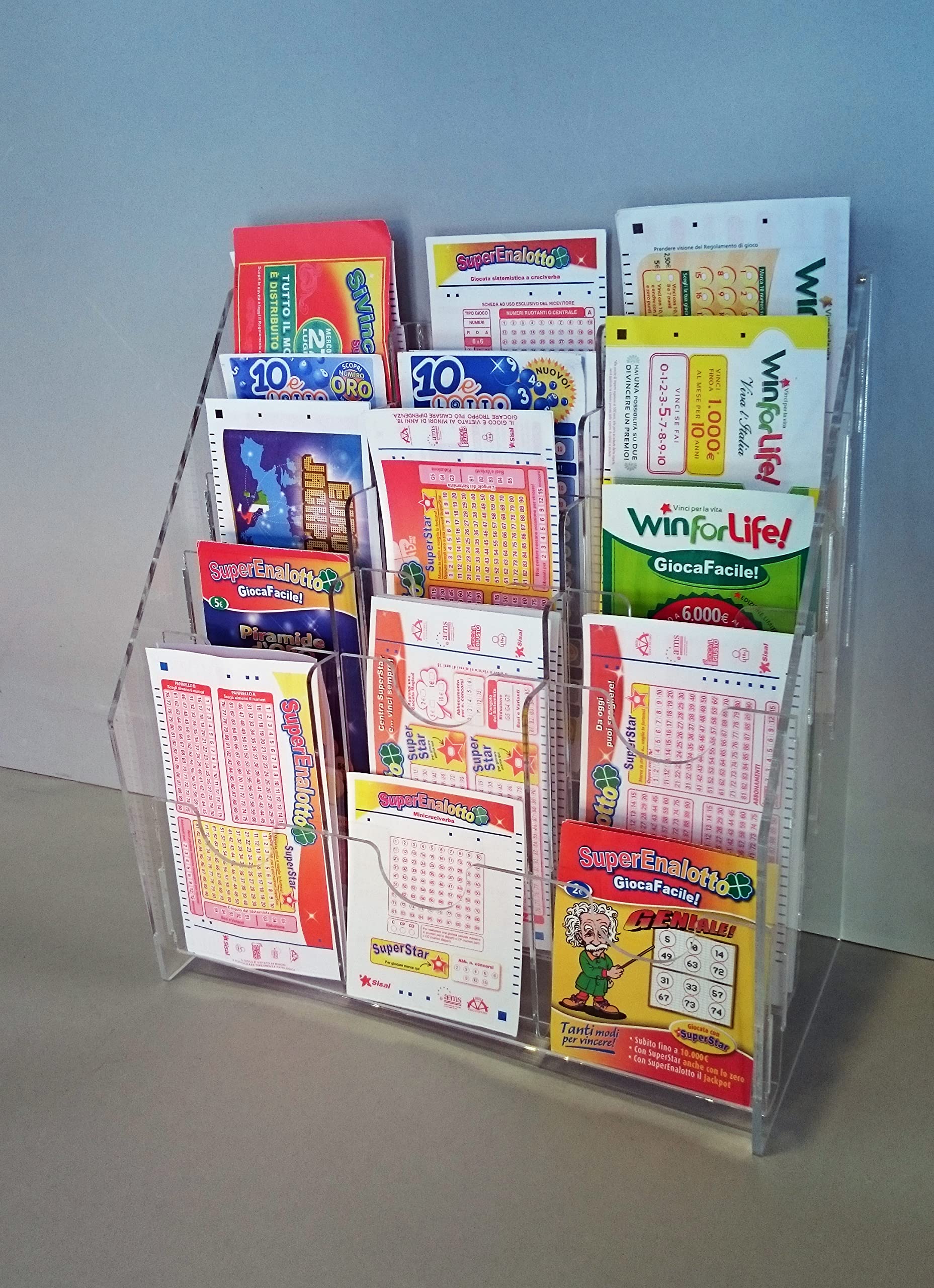 Astroplastic Espositore Contenitore in plexiglass da banco a 10 o 15 Tasche Biglietti brochure depliant schede Lotto Super enalotto (15 Tasche (5+5+5))