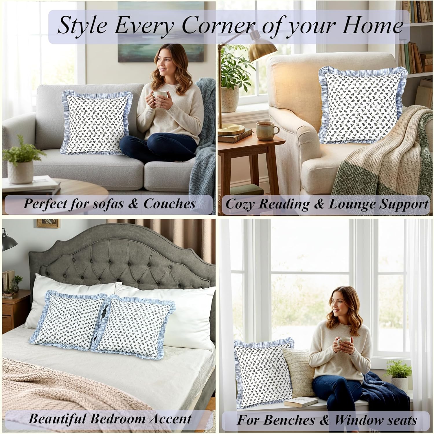 Ridhi Block Print Baby Blossoms Throw Pillow Cover 24" x 24" (Pack of 2) Decorative Cushion Covers with Ruffle for Couch, Sofa, Bed, Living Room, Home Decor Gift for Spring, Easter, Valentine