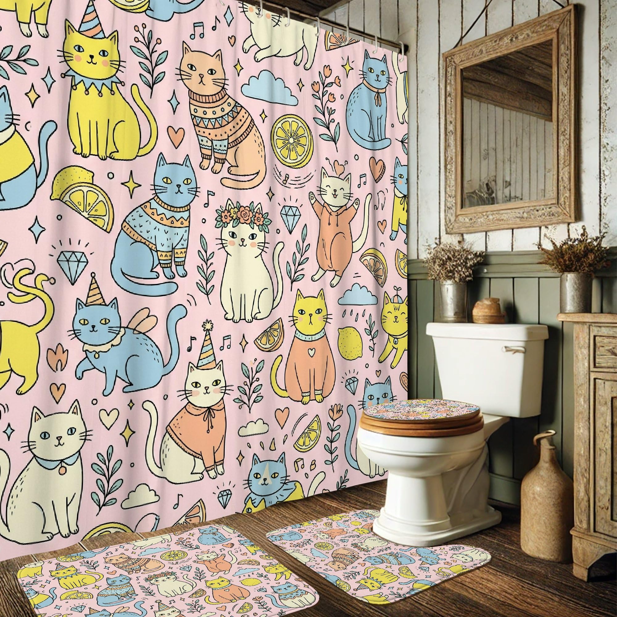 Rideau de douche motif chat pour une salle de bain d'appartement fraîche et fleurie