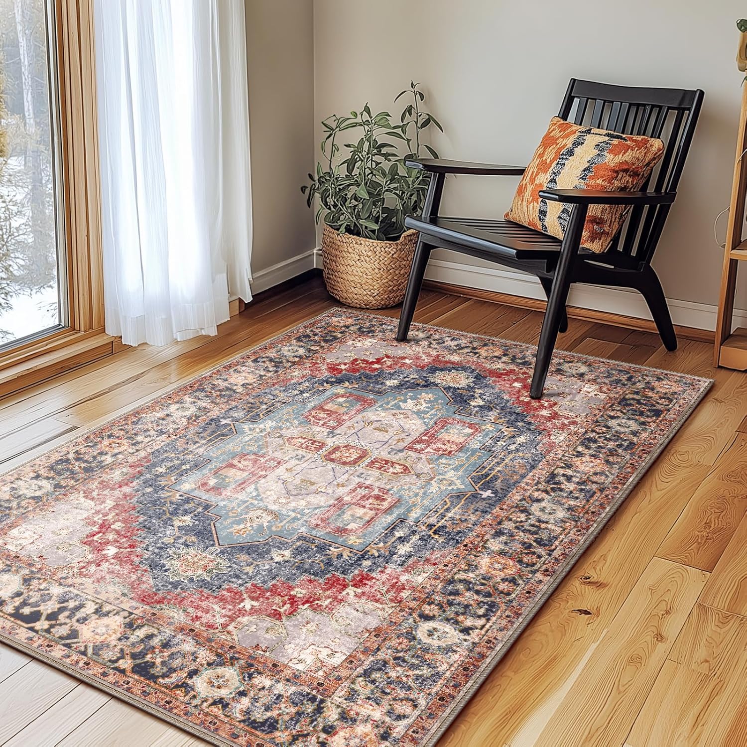 Washable 4x6 Area Rugs, Rugs for Living Room, Low-Pile Water&Stain Resistant Carpet Vintage Distressed Printed Non-Slip Carpet for Bedroom Bathroom Kitchen-Dark Red