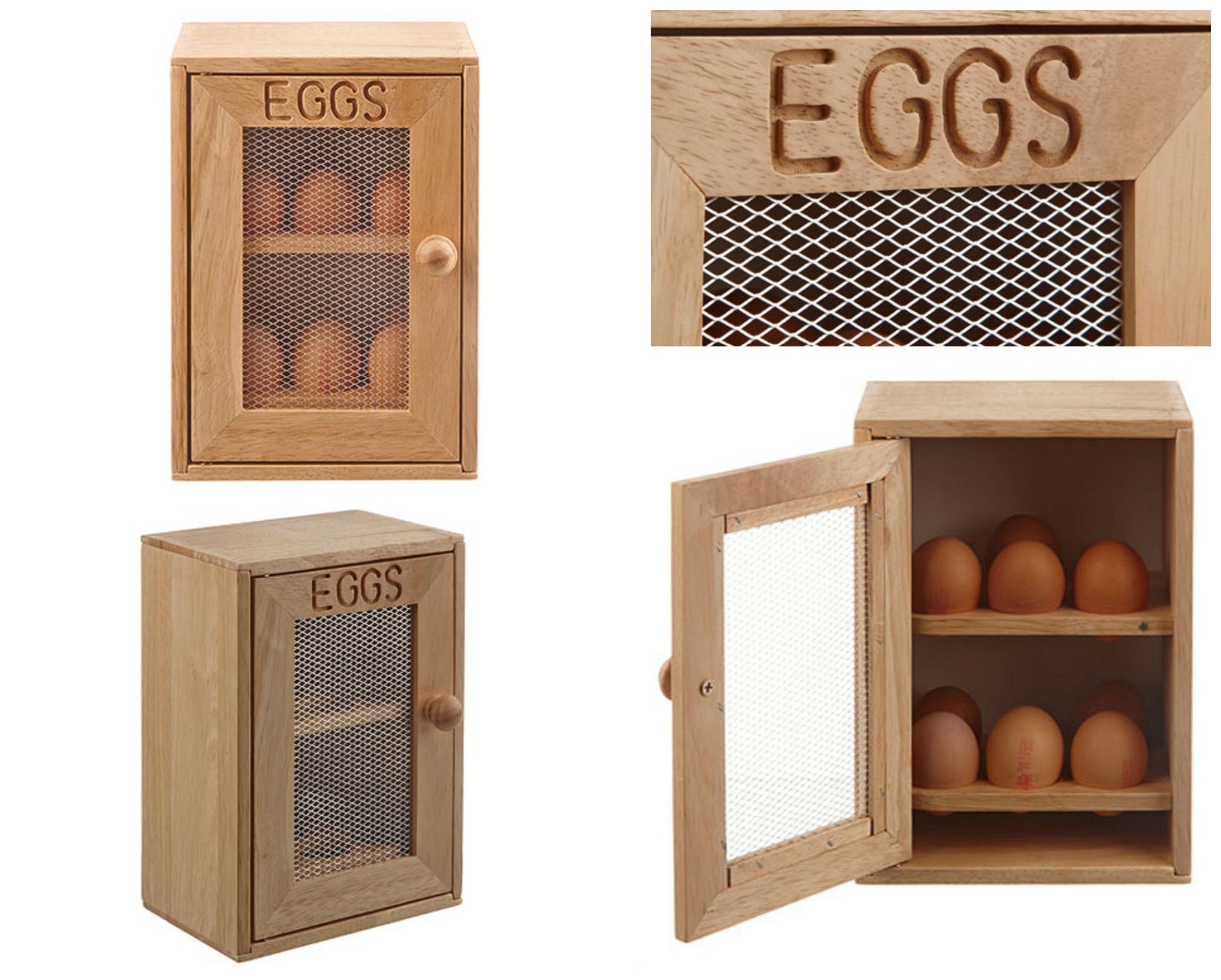HomeZone Wooden Cabinet Cupboard Egg Storage - Holds a Dozen (x12) Eggs - 2 Shelves With 6 Slots Each - Wire Mesh Door Panel - Storage Box Crate