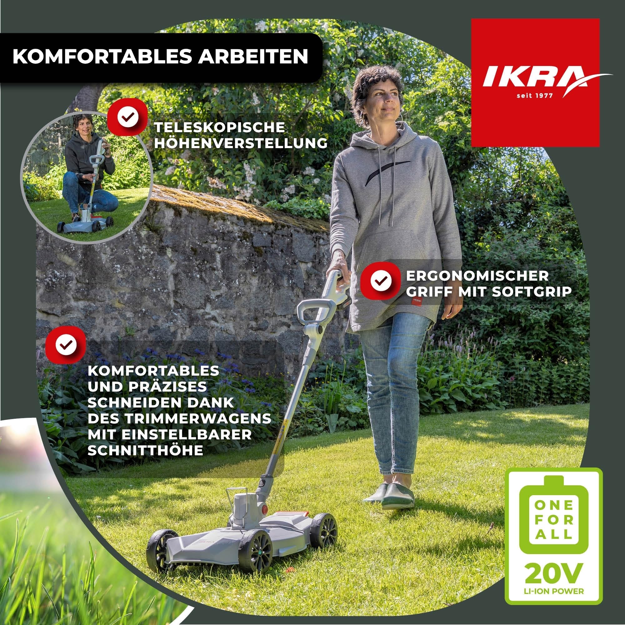 IKRA 2in1 Akku Rasentrimmer Rasenmäher IART 2030 F inkl. 3 Fadenspulen | Inkl. Akku 20V 2,0Ah & Ladegerät, für kleine Rasenflächen, Klicksystem für schnelles Umrüsten, 20 Volt Akku-Familie von IKRA