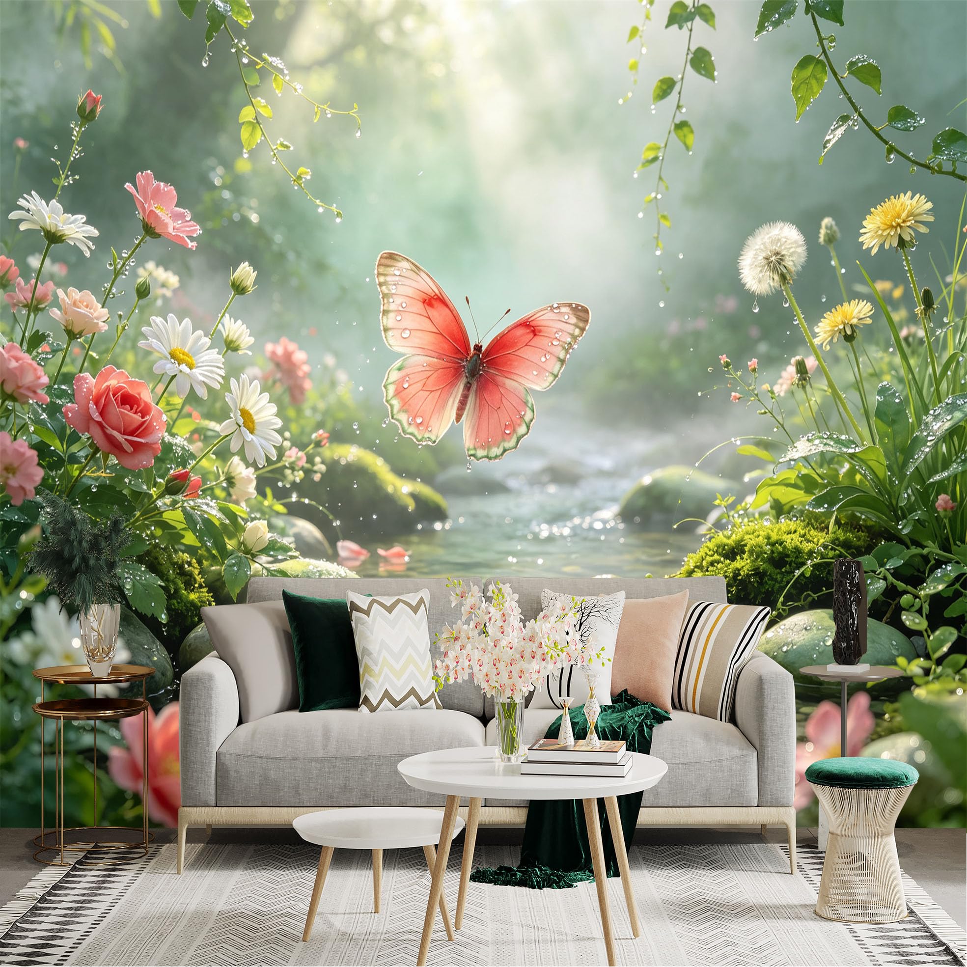 Lnzczhyre Bh260719100 Custom Size Wall Sticker Mural， Pink Butterfly In Magical Forest， Blooming Flowers And Sparkling Stream， For Wall Decoration， Peelandstick Wall Decals.