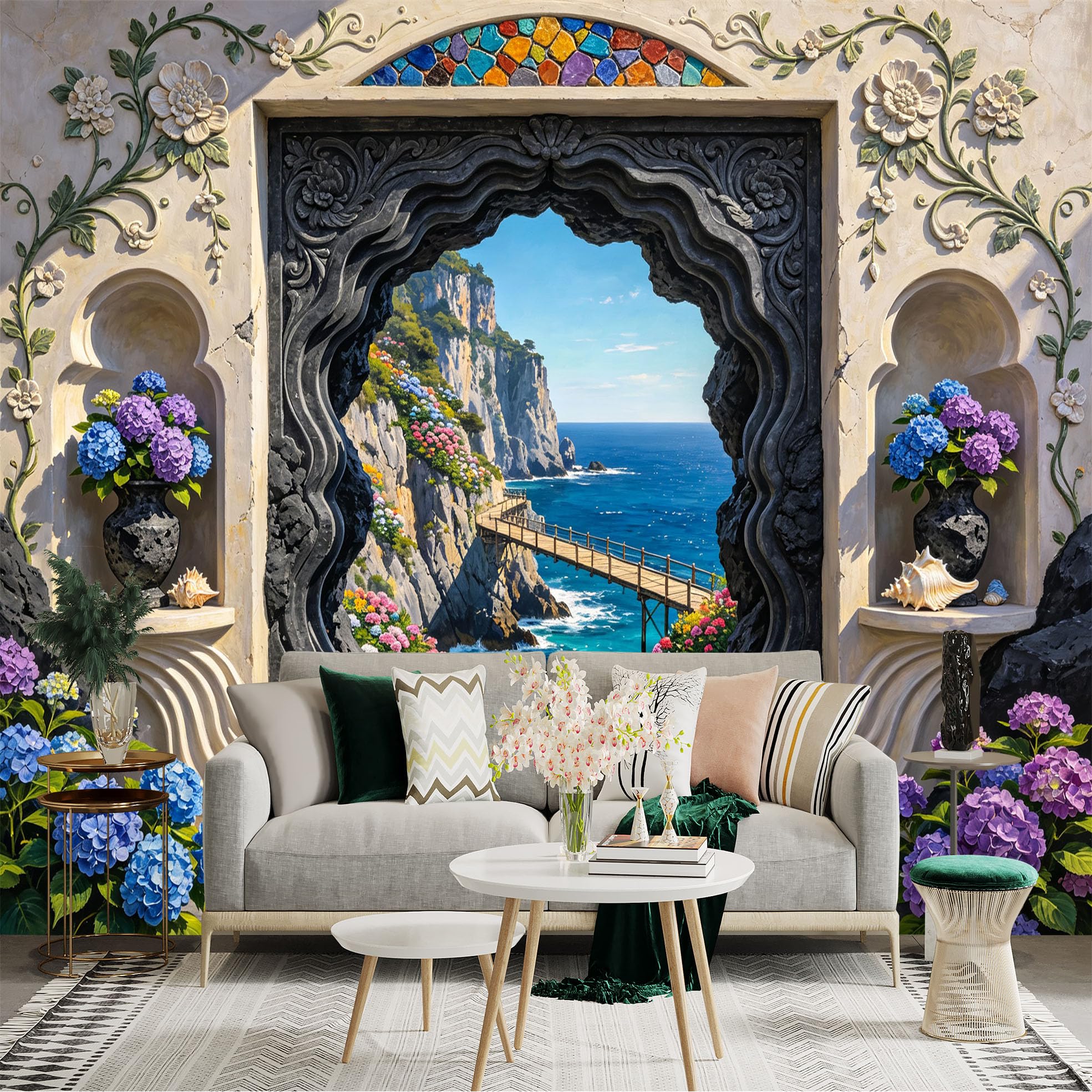 Custom Size Wall Sticker Mural， Coastal Cliff Ocean View with Floral Archway and Seaside Bridge， for wall Decoration， peelandstick wall Decals.