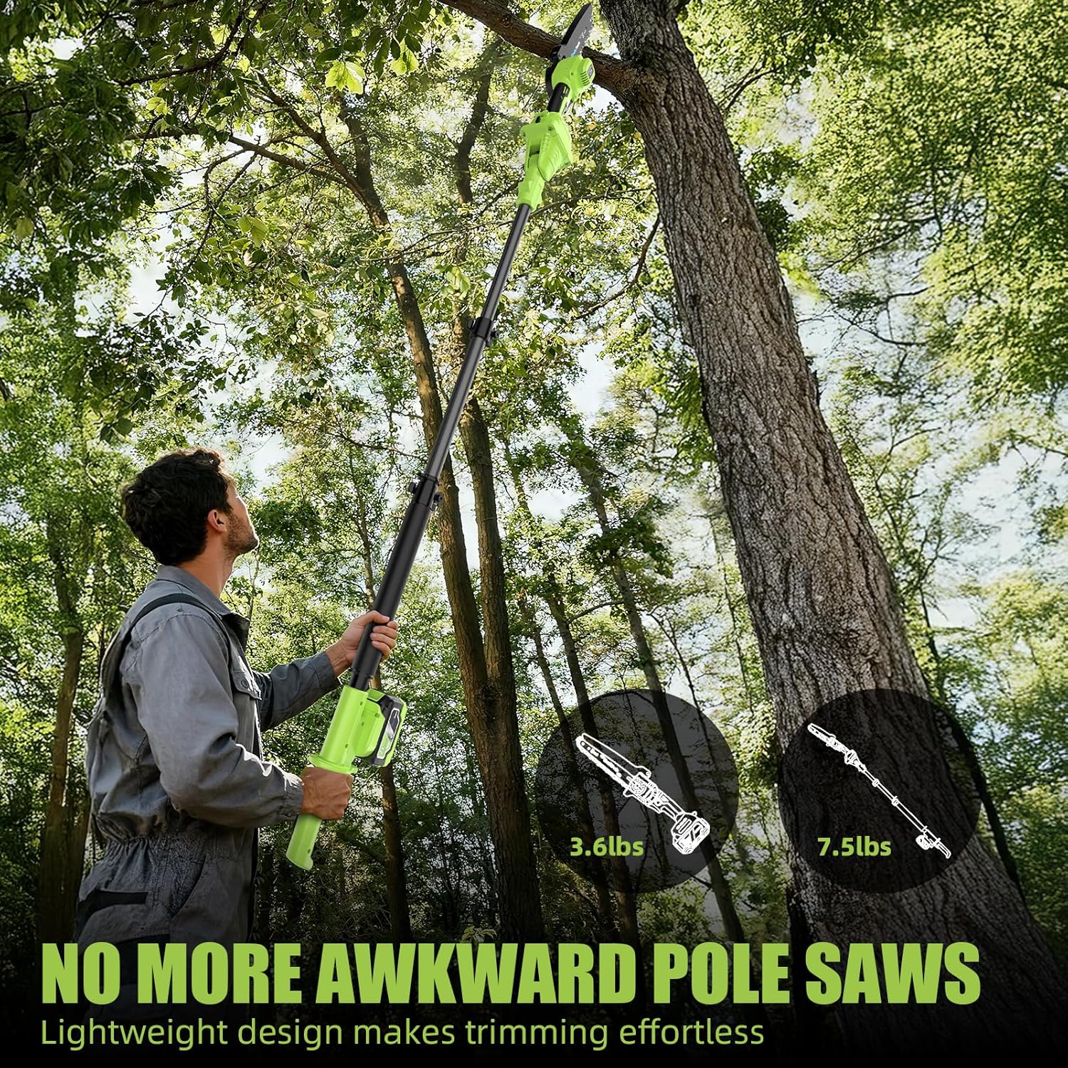 2-in-1 Brushless Cordless Pole Saw & 8 Inch Mini Chainsaw, Up to 15FT Reach with Extension Pole, Tool-Free Chain Tension, 4.0Ah Battery, for High Tree Pruning and Branch Trimming