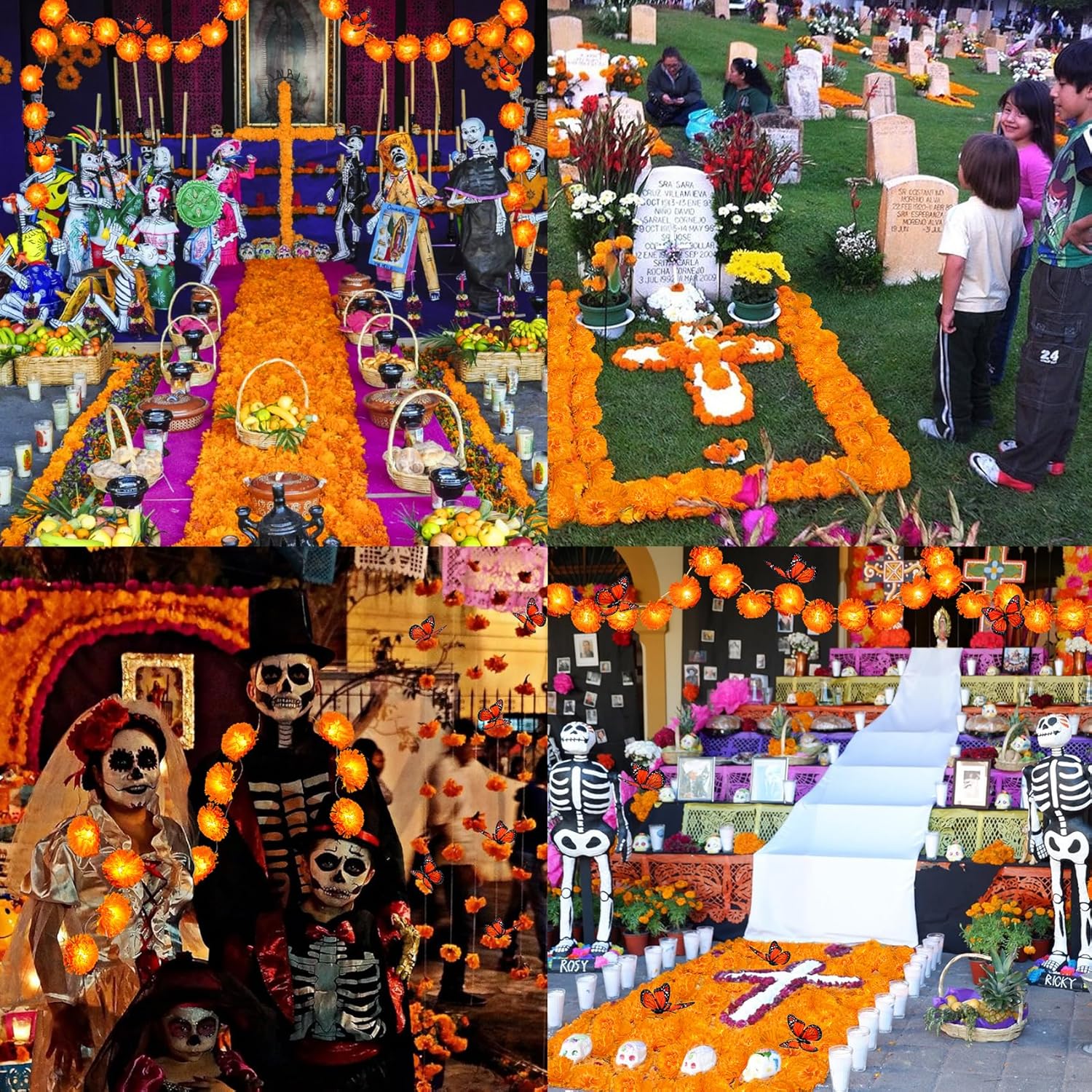 4Pack Day of the Dead Decorations Total 26.2Ft Marigold Garland for Decoration, 80 Lighted Artificial Marigold Flowers 24 Butterfly for Dia de Los Muertos Indian Diwali Altar Halloween Home Decor