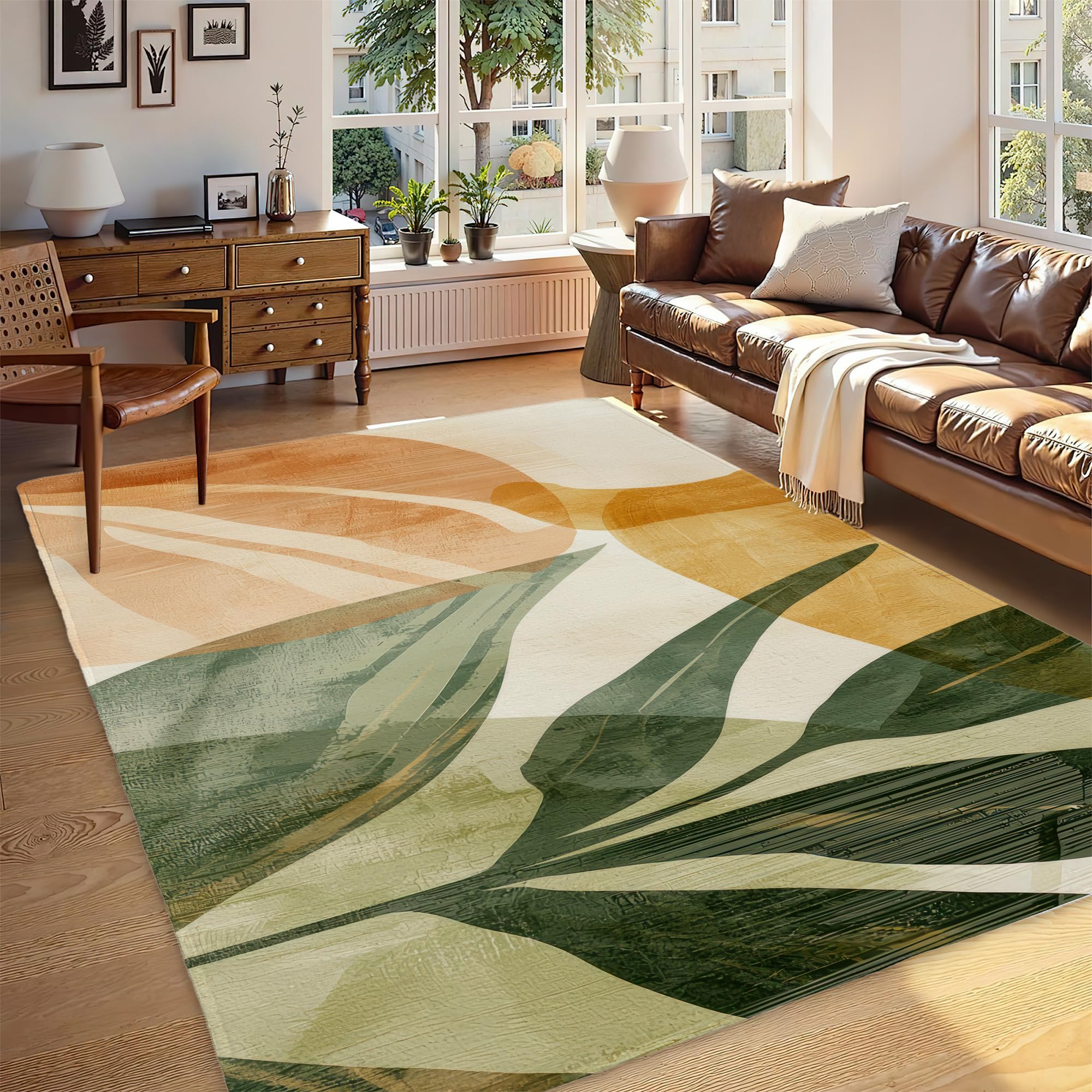 Photo 1 of Boho Tropical Leaves Washable Living Room Area Rug, Low Profile Abstract Pattern, Non-Slip Backing Carpet for Kitchen, Bedroom, Dining Room