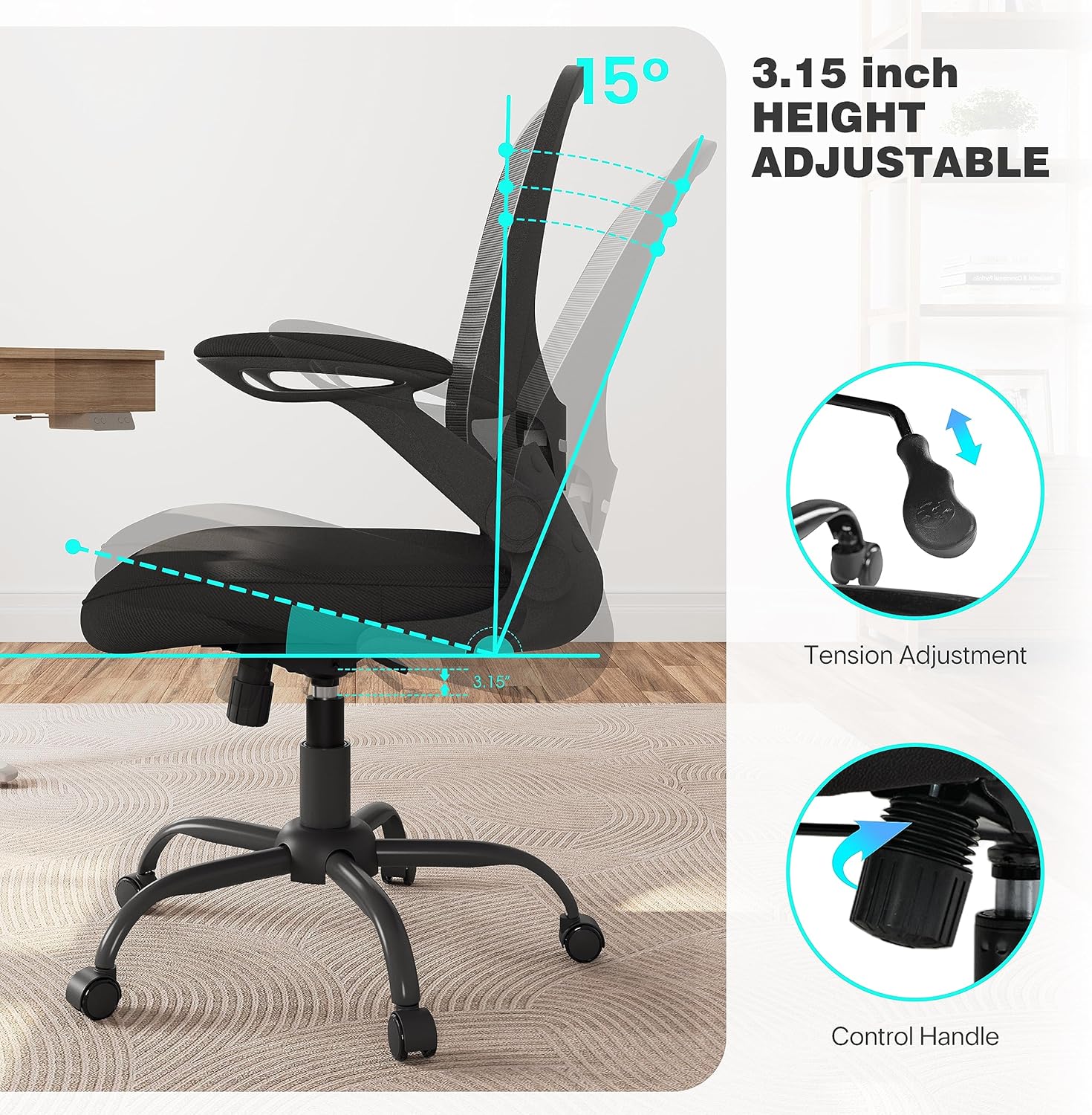EUREKA ERGONOMIC Home Office Desk Chairs, Ergonomic Desk Chair with Wheels, Computer Chair with Breathable Mesh, Adjustable Height Back Lumbar Support Flip-up Armrests, Rolling Chair, Black