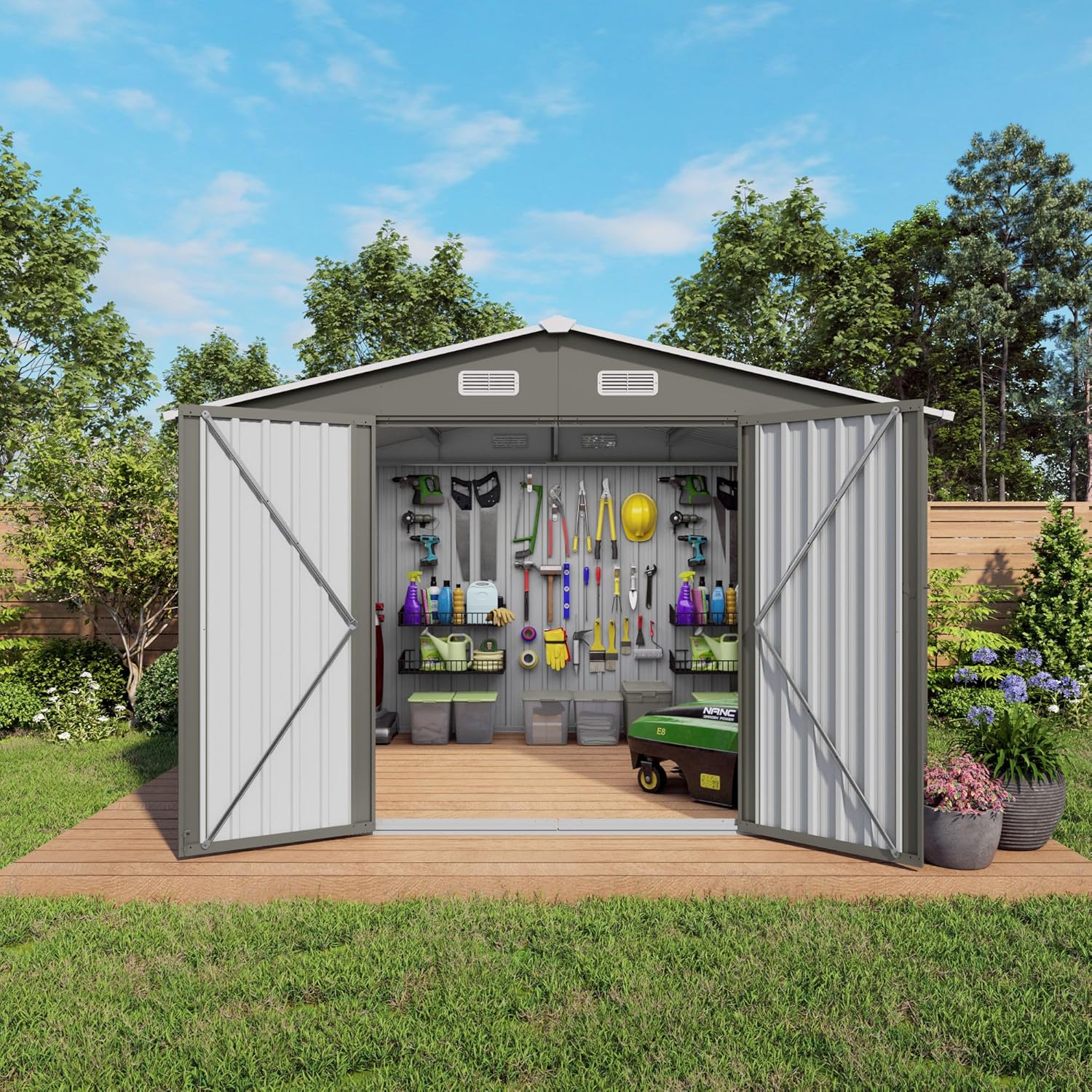 Outdoor Metal Storage Shed (10x8 FT) with Lockable Doors, Galvanized Steel Garden Tool Shed, 370 Cu Ft Capacity, Gray