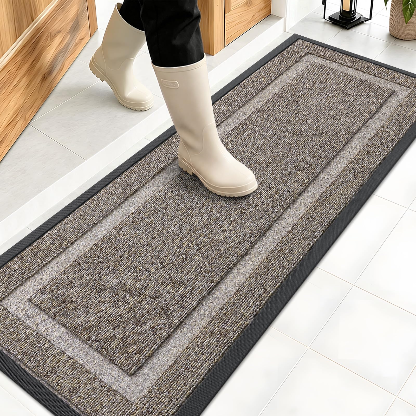 OLANLY Front Door Mat Outside 47x17, All-Season Heavy-Duty Rubber Doormat | Khaki and White, Absorbent, Stain and Fade Resistant, Non-Slip Backing, Low-Profile Indoor Outdoor Floor Mat for Entryway