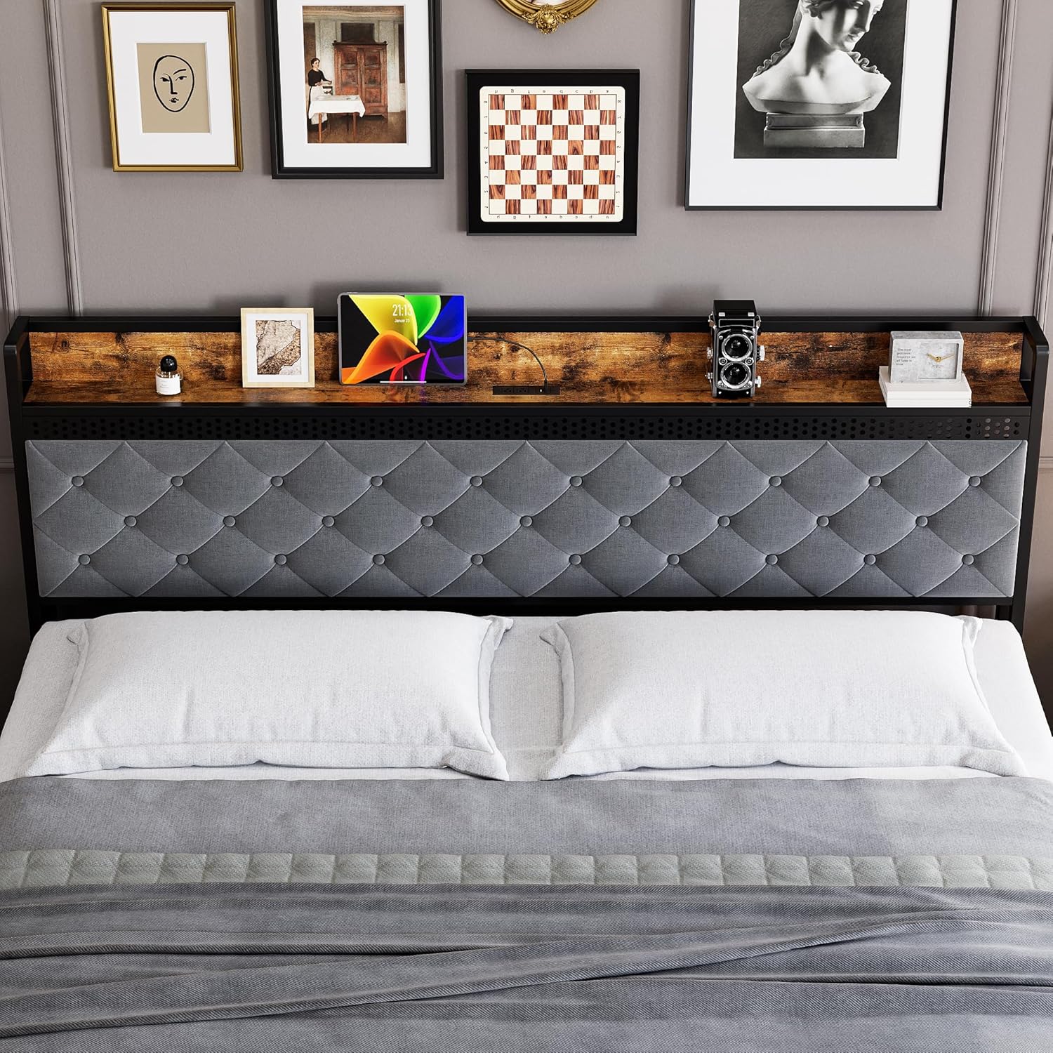 King LED Bed Frame with Headboard, Upholstered Platform Bed with Charge Station and Storage Drawers, Heavy Duty Metal Slats, No Box Spring Needed, Easy Assembly, Gray