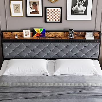 King LED Bed Frame with Headboard, Upholstered Platform Bed with Charge Station and Storage Drawers, Heavy Duty Metal Slats, No Box Spring Needed, Easy Assembly, Gray