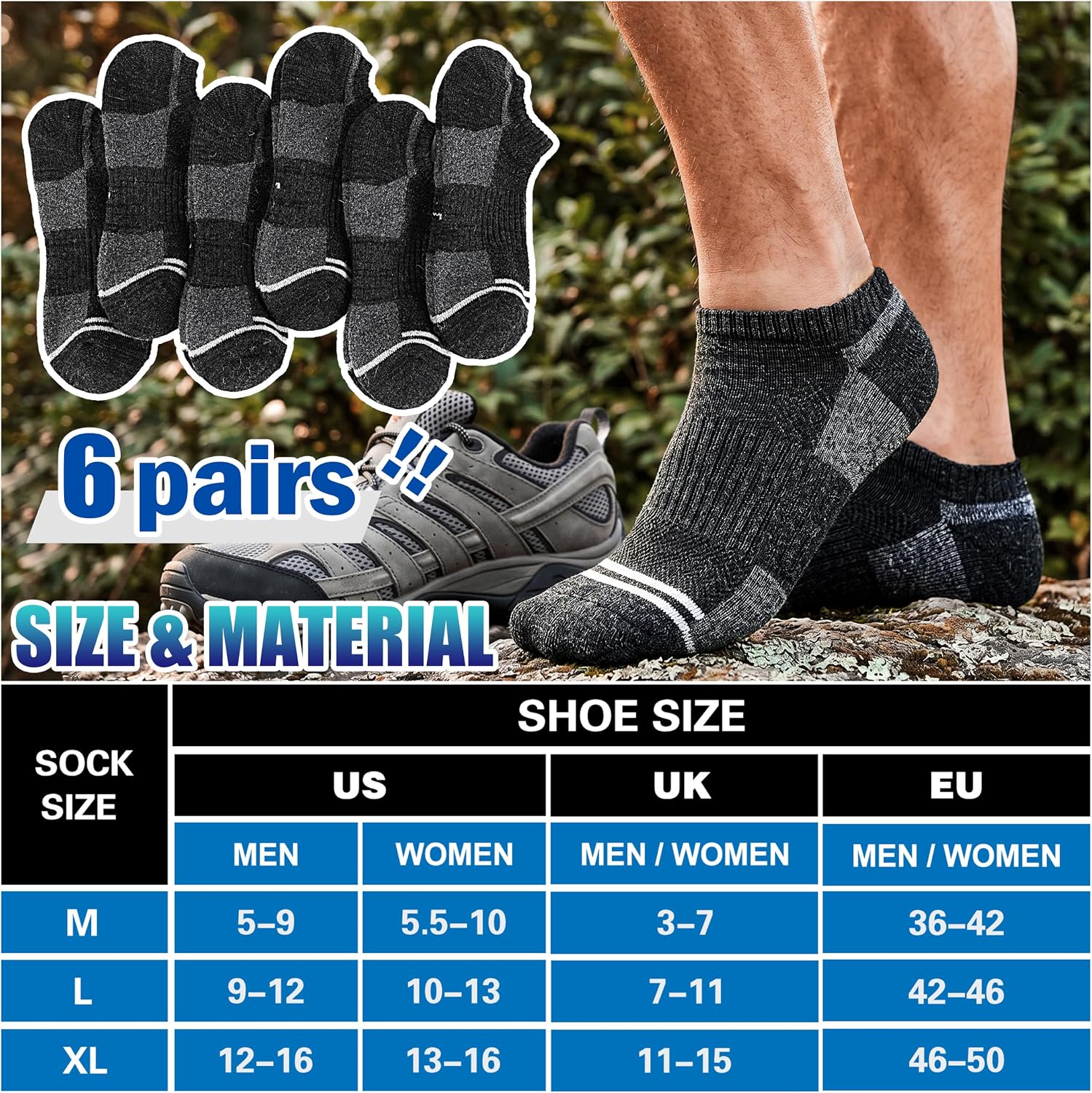 EBMORE Merino Wool Ankle No Show Running Hiking Socks Compression Breathable Warm Thick Cushioned Socks for Men Women 6 Pairs image 5