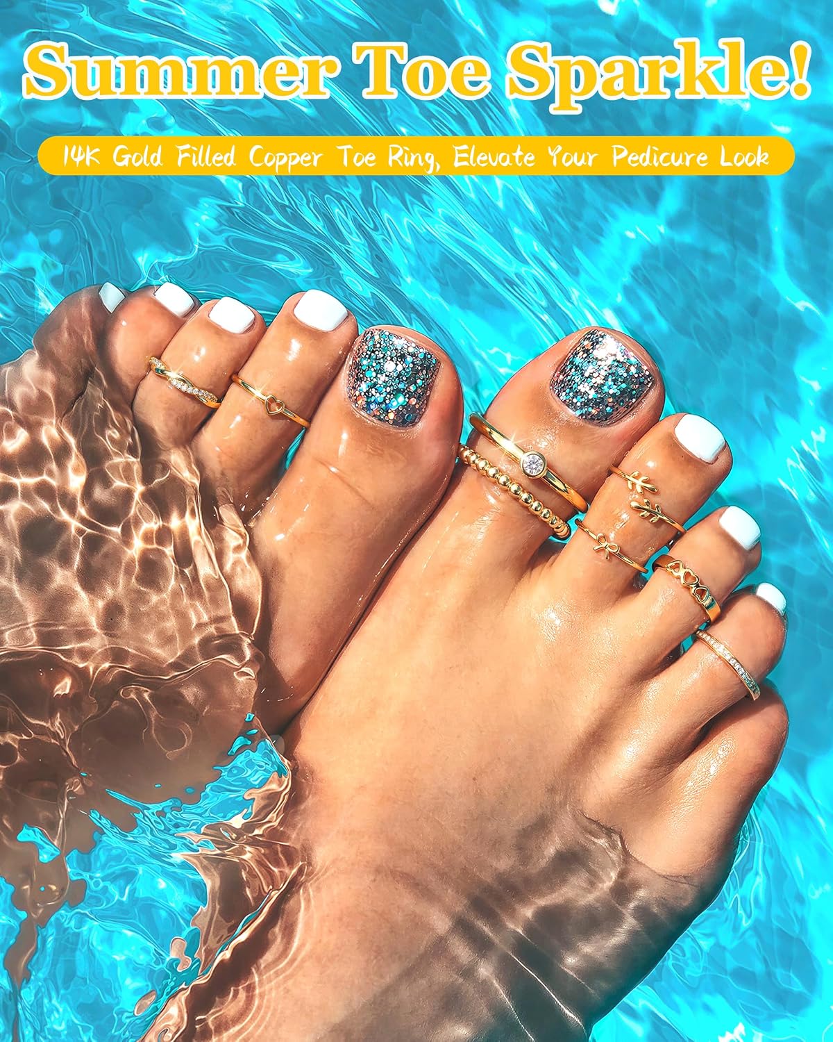 Sanfenly 12Pcs Toe Rings for Women Non Tarnish Waterproof -14K Gold Filled Flower CZ Bow Dainty Thin Chunky Open Band Rings Trendy Silver Plated Adjustable Toe Rings Summer Beach Foot Jewelry Set