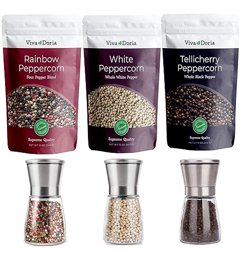 Viva Doria Juego de especias para el día a día, mezcla de pimienta arcoíris de 312 oz, pimienta de Tellicherry de 312 oz, pimienta blanca de 312 oz