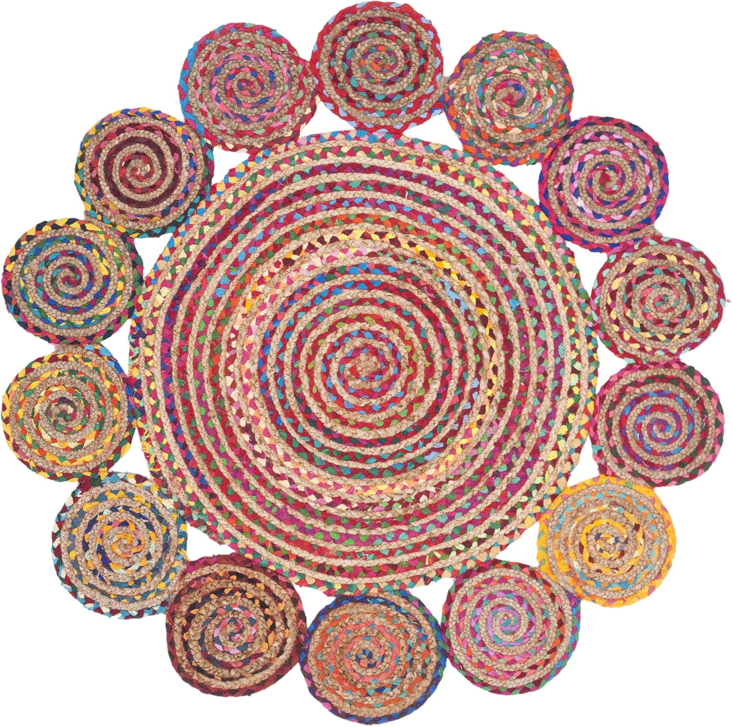 SAFAVIEH Cape Cod Collection 3' Round Red / Multi CAP211Q Handmade Boho Braided Jute & Cotton Area Rug